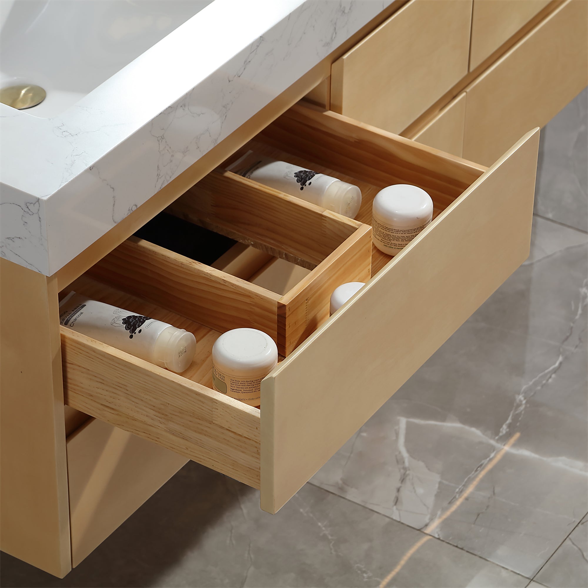 36 Inch Solid Wood Wall-Mounted Bathroom Vanity Set in Maple with Engineered Stone and Ceramic Sink