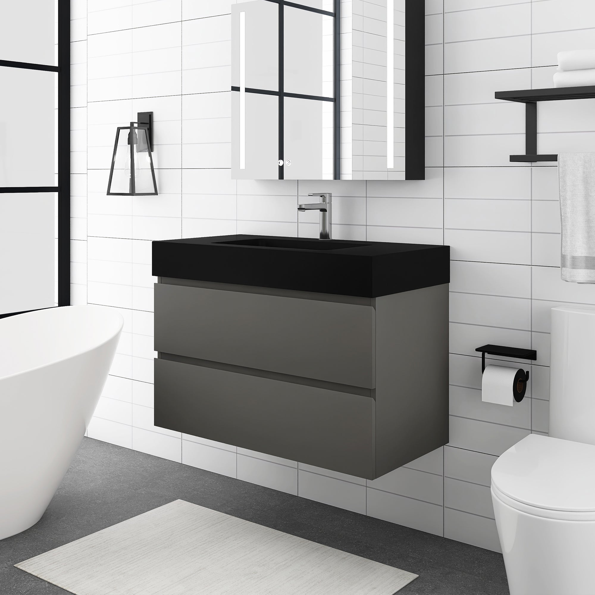 Staykiwi Wall-Mounted Bathroom Vanity Set with Black Integrated Solid Surface Sink