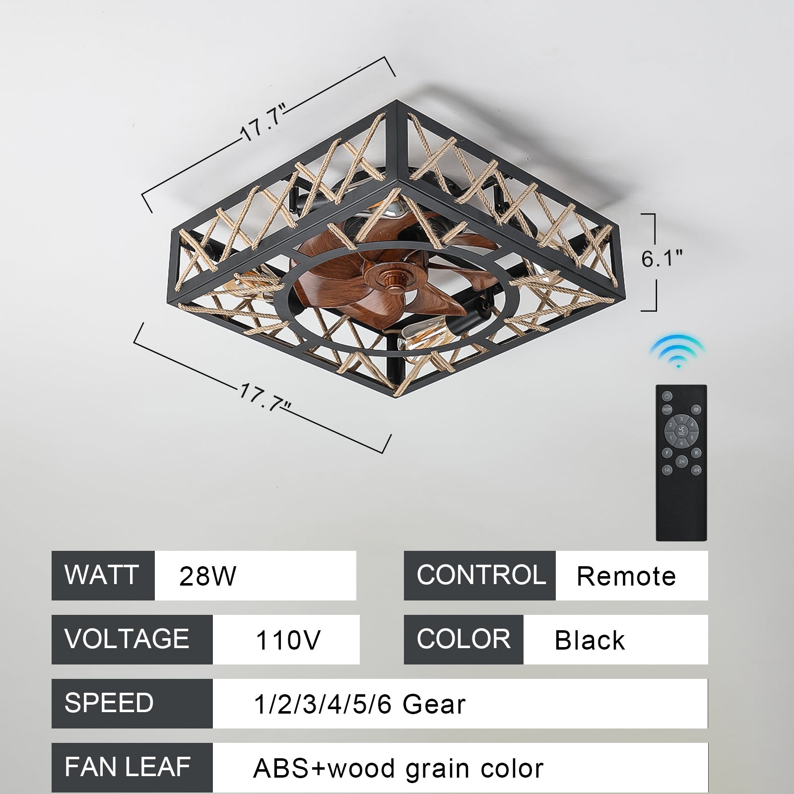20 in. W x 6 in. H Iron Ceiling Fan in Black with LED Lights