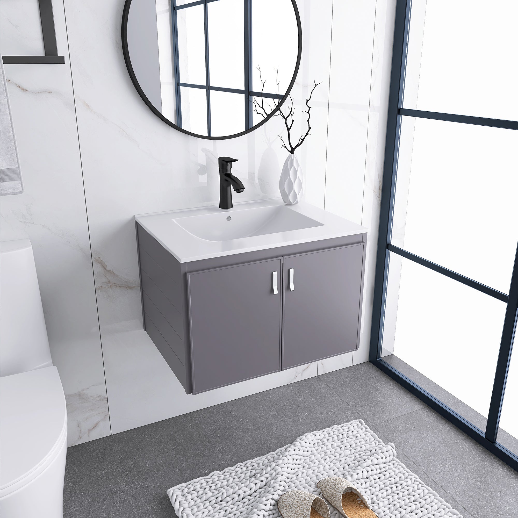24 Inches Aluminium Wall-Mounted Bathroom Vanity Set with Integrated Ceramic Sink