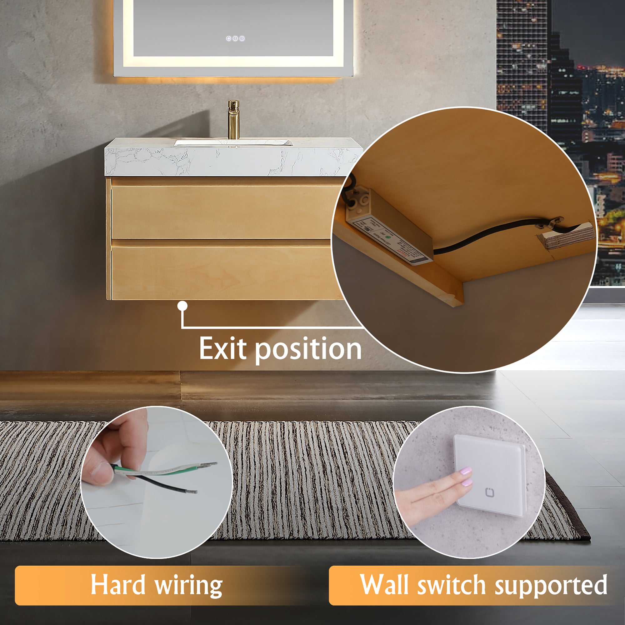 36 Inch Solid Wood Wall-Mounted Bathroom Vanity Set in Maple with Engineered Stone and Ceramic Sink