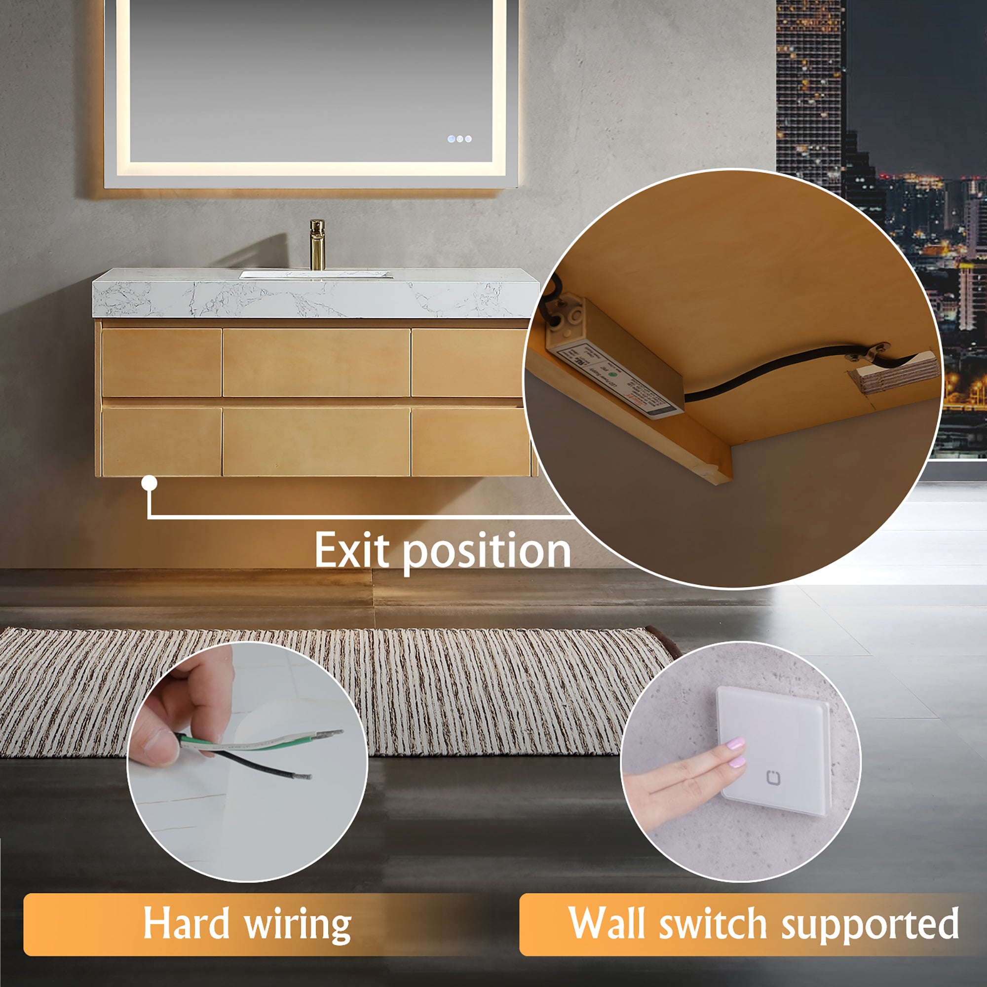 36 Inch Solid Wood Wall-Mounted Bathroom Vanity Set in Maple with Engineered Stone and Ceramic Sink