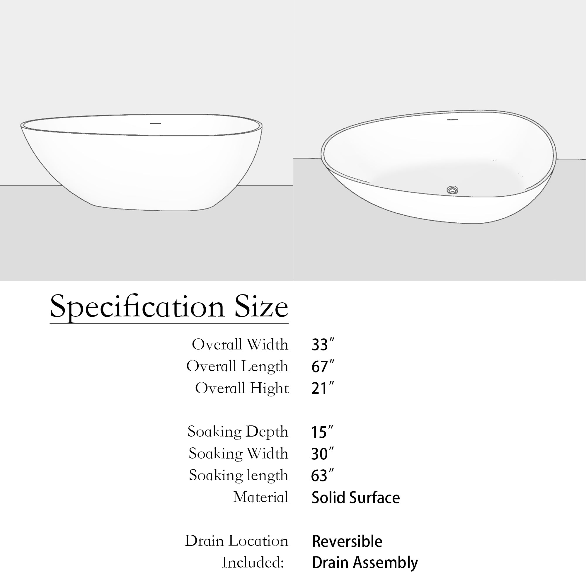 Solid Surface Freestanding Bathtub in Matte White