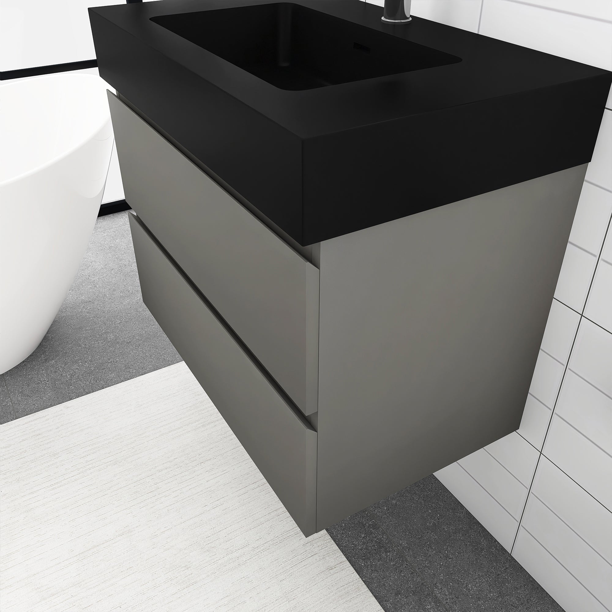 Staykiwi Wall-Mounted Bathroom Vanity Set with Black Integrated Solid Surface Sink