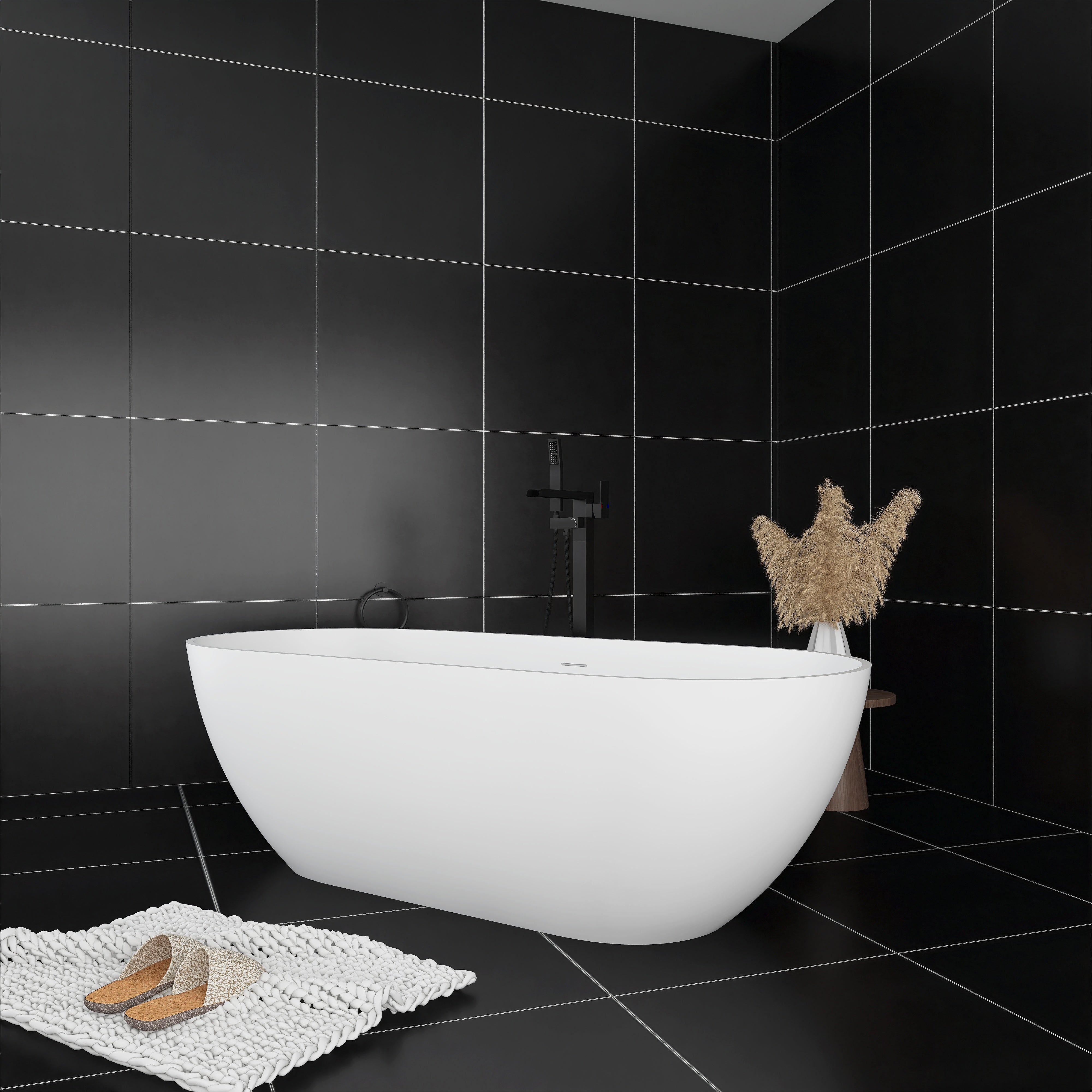 Solid Surface Freestanding Flatbottom Soaking Bathtub in White
