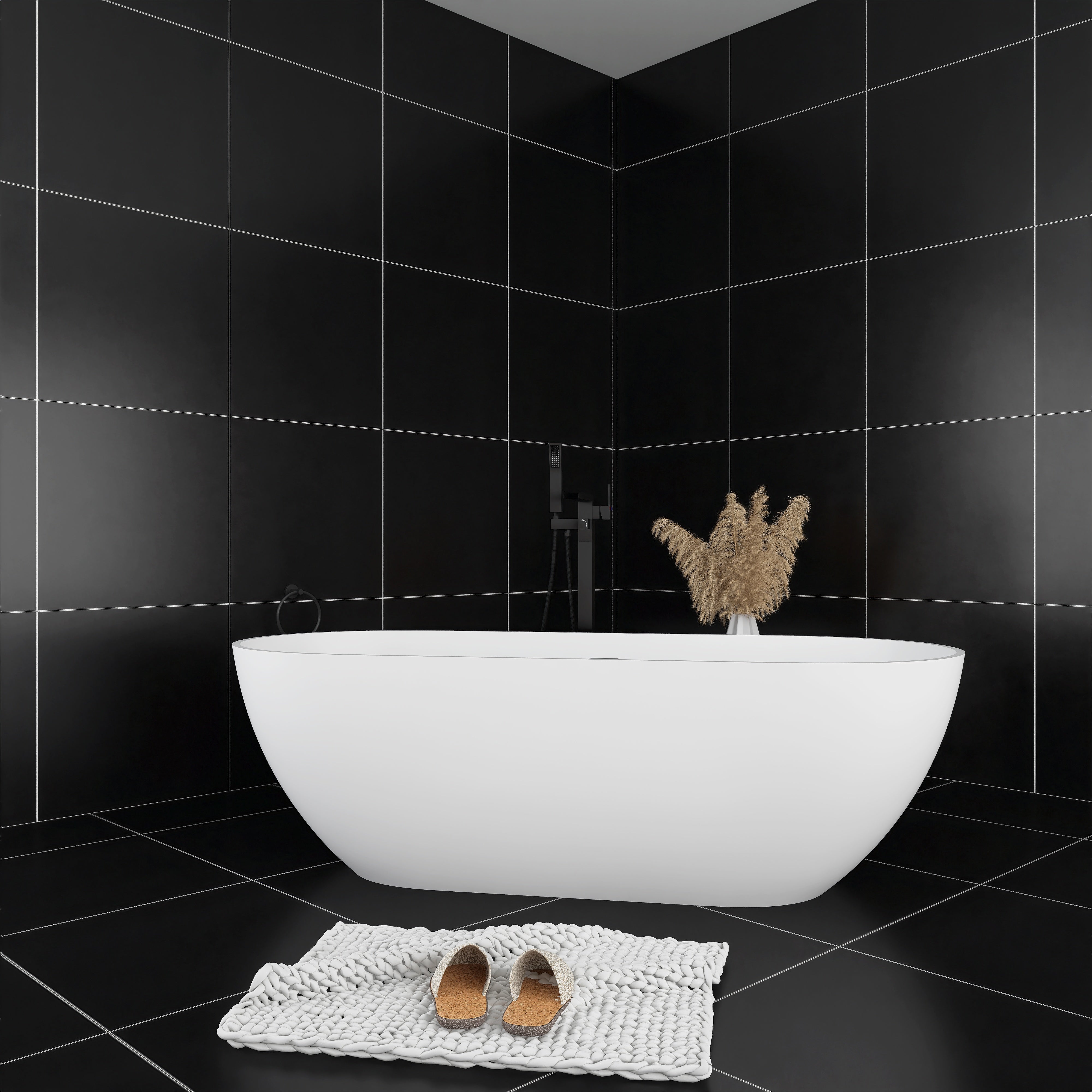 Solid Surface Freestanding Flatbottom Soaking Bathtub in White
