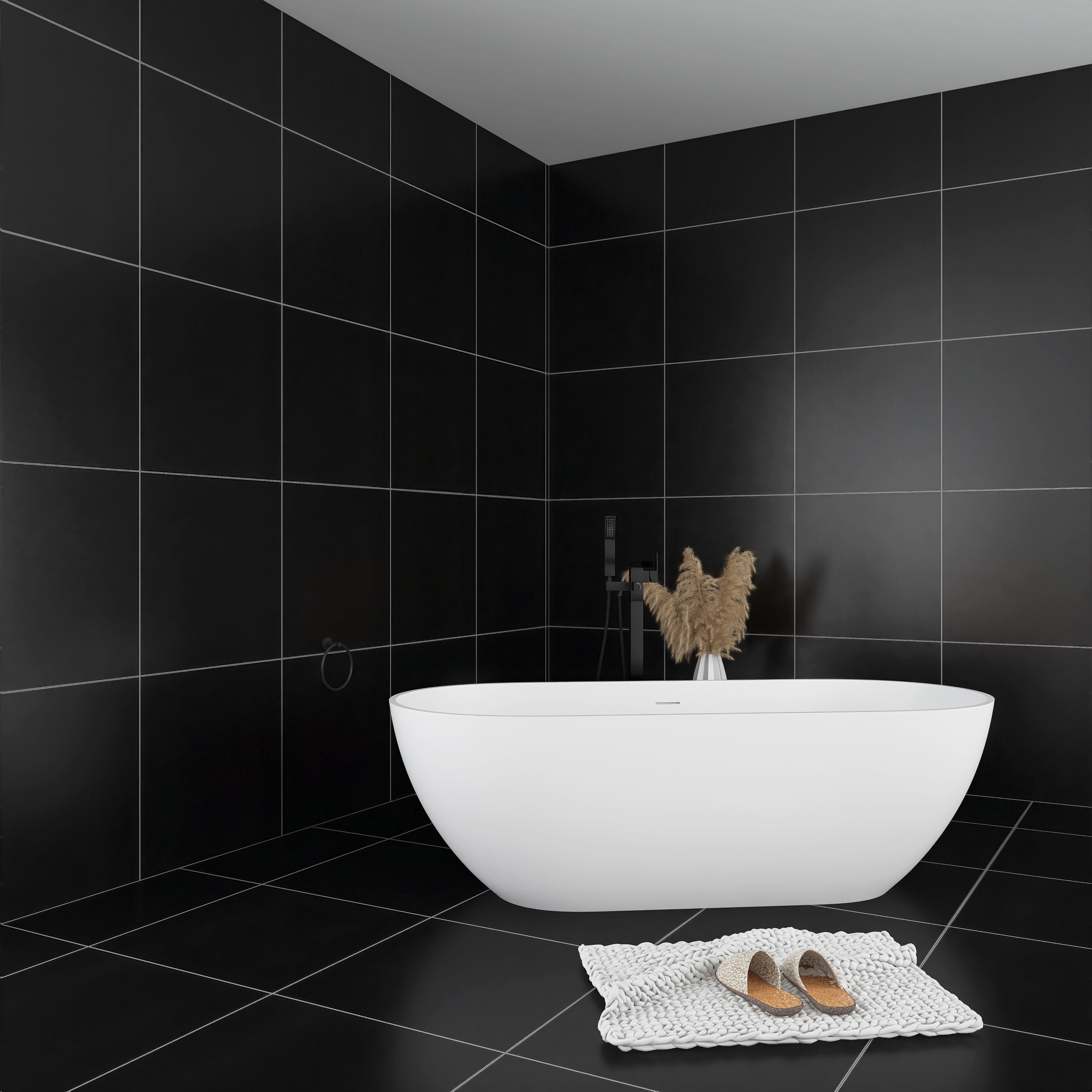 Solid Surface Freestanding Flatbottom Soaking Bathtub in White
