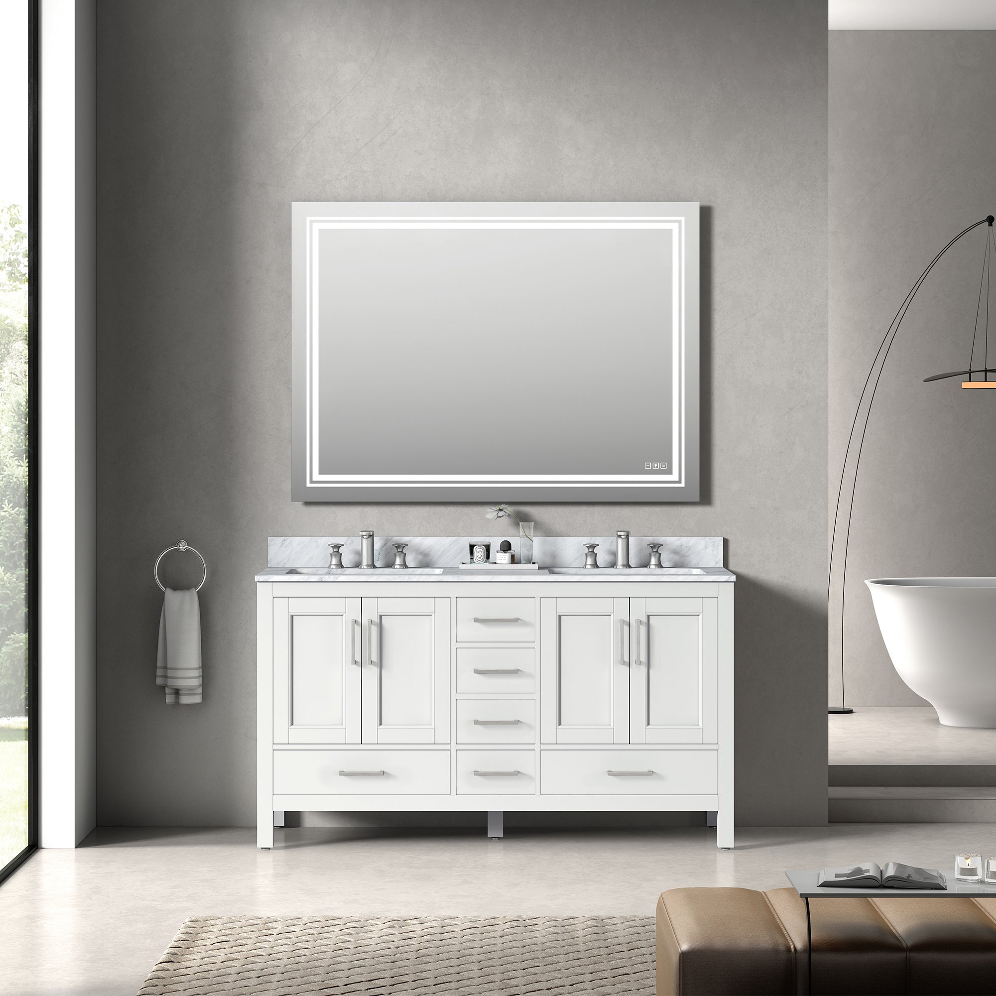 36" Plywood Freestanding Bathroom Vanity Set with Drawer and Doors and Natural Marble Top and Ceramic Sink