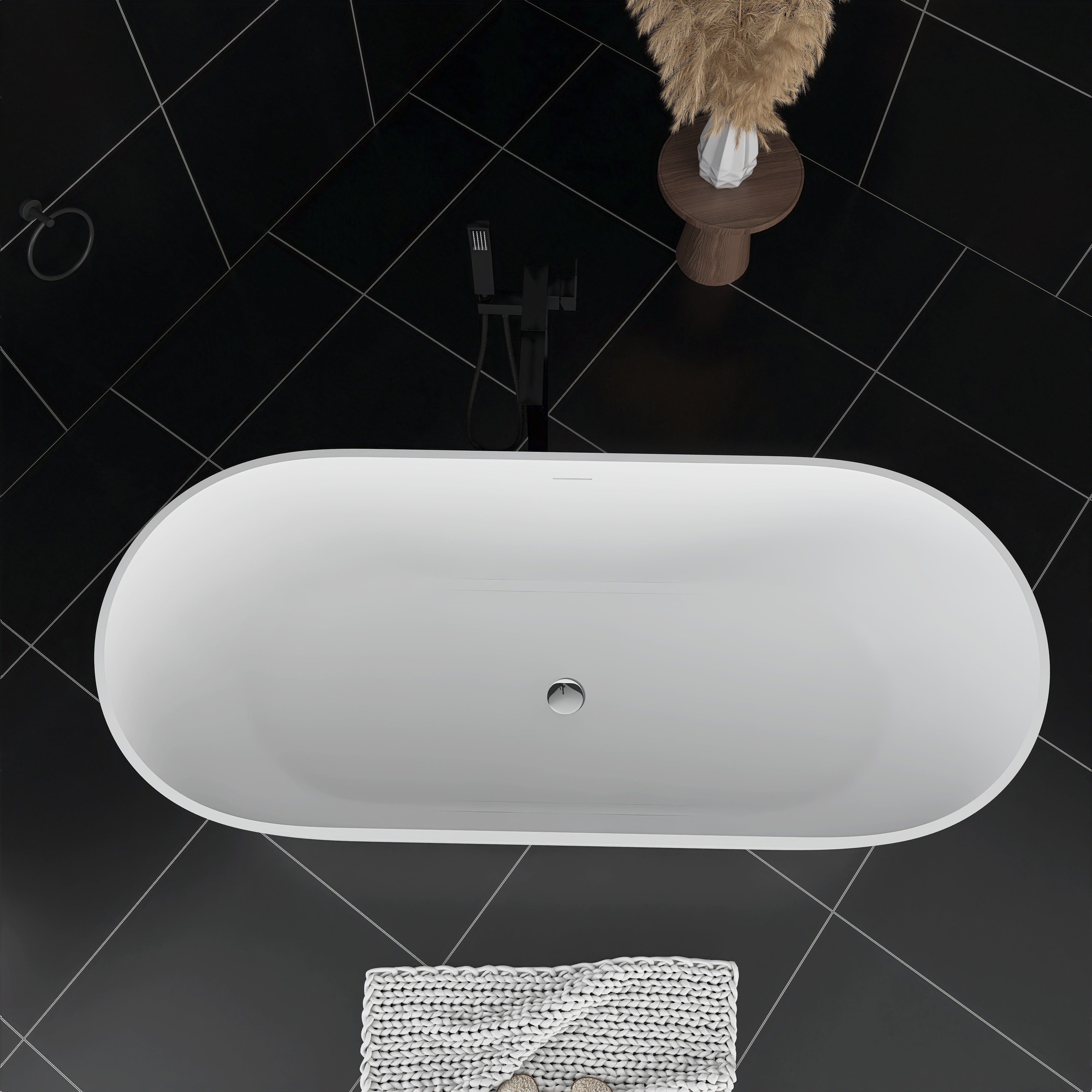 Solid Surface Freestanding Flatbottom Soaking Bathtub in White