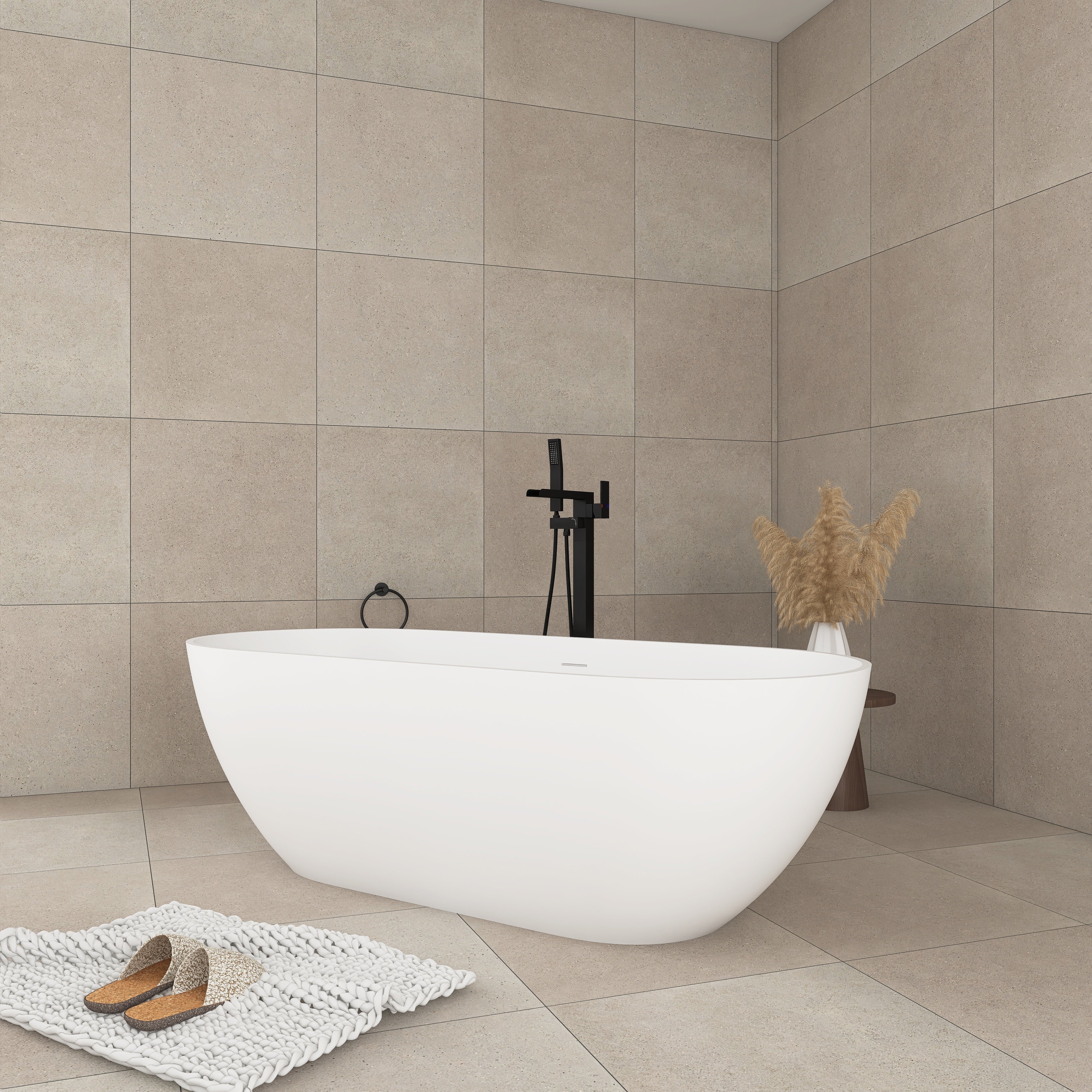Solid Surface Freestanding Flatbottom Soaking Bathtub in White
