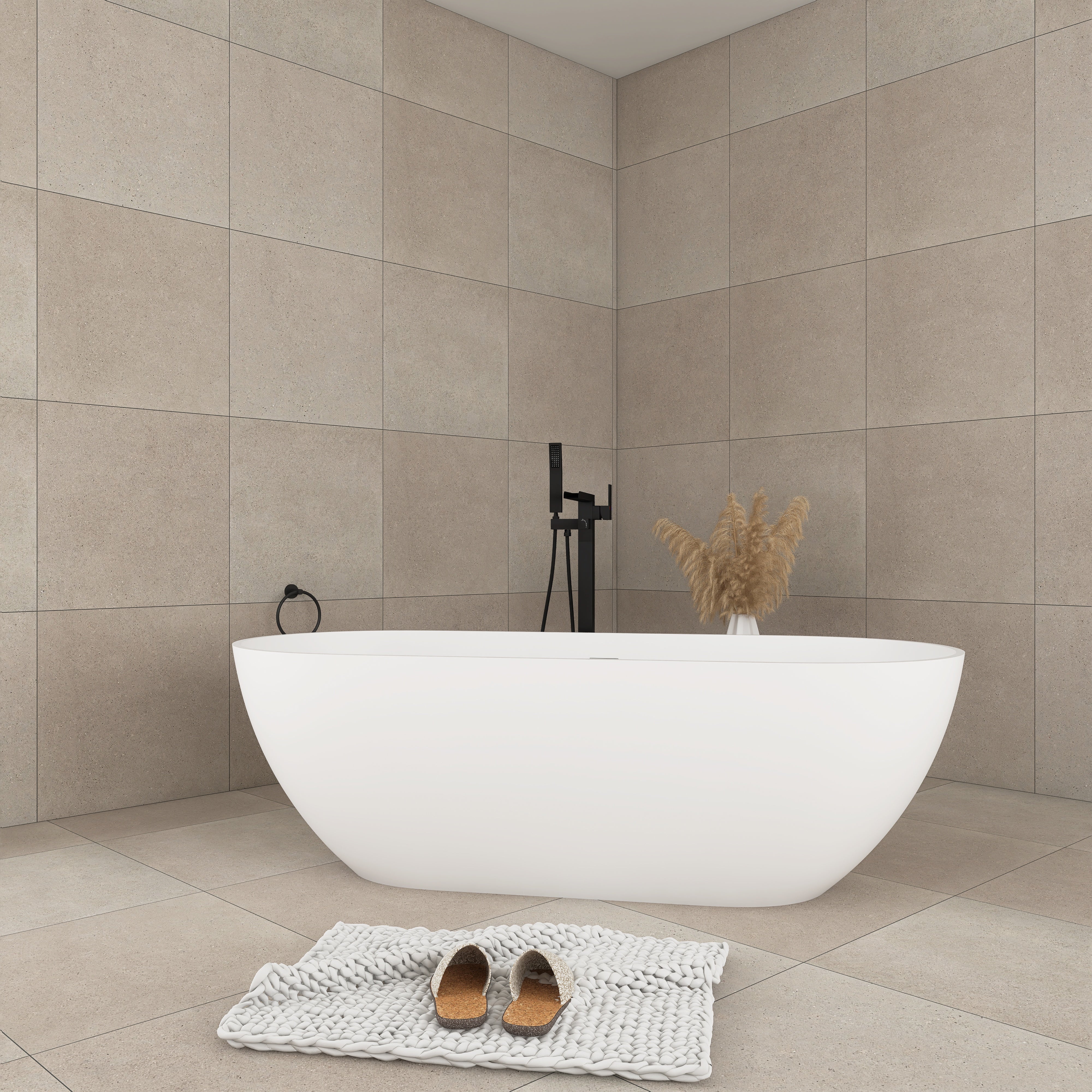 Solid Surface Freestanding Flatbottom Soaking Bathtub in White