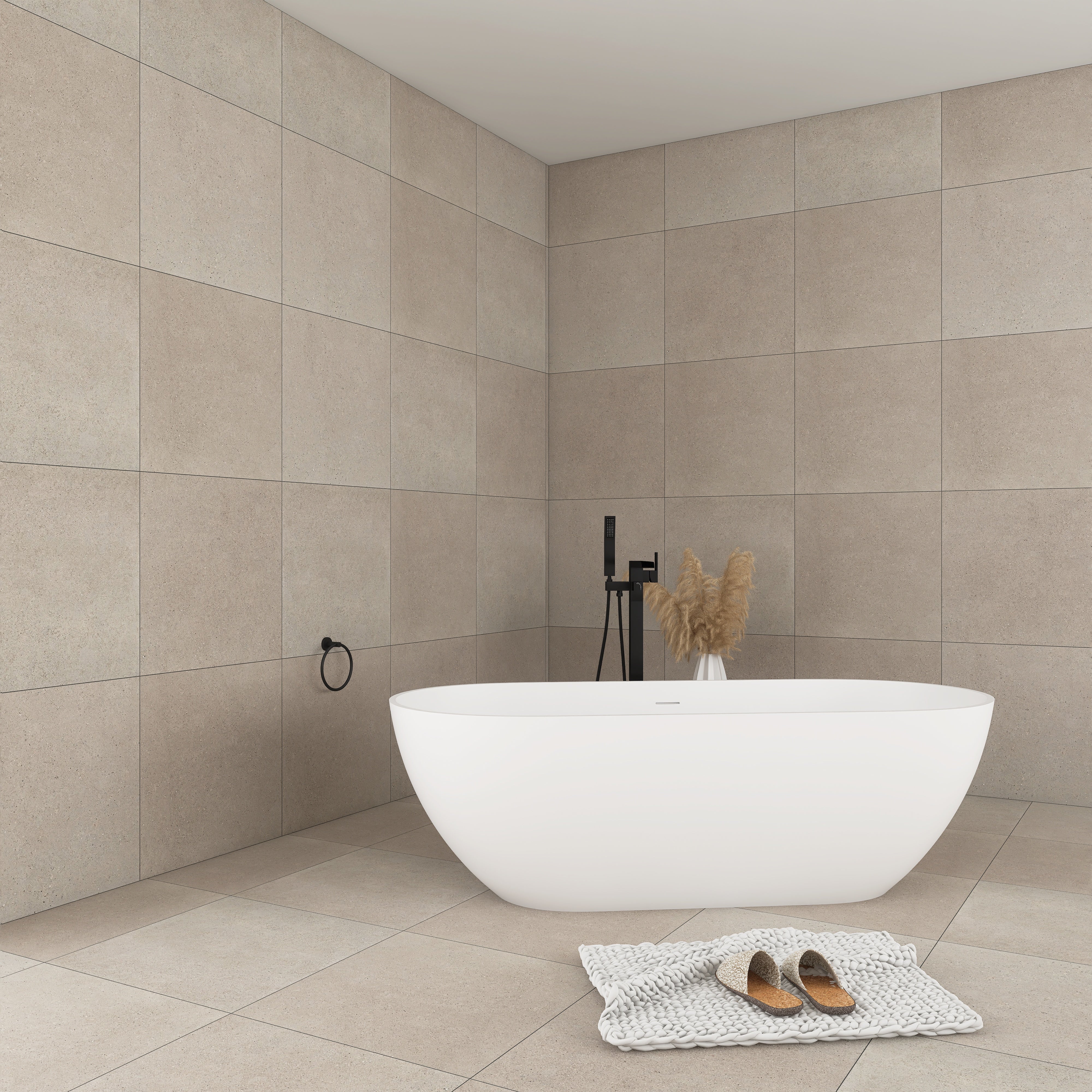 Solid Surface Freestanding Flatbottom Soaking Bathtub in White