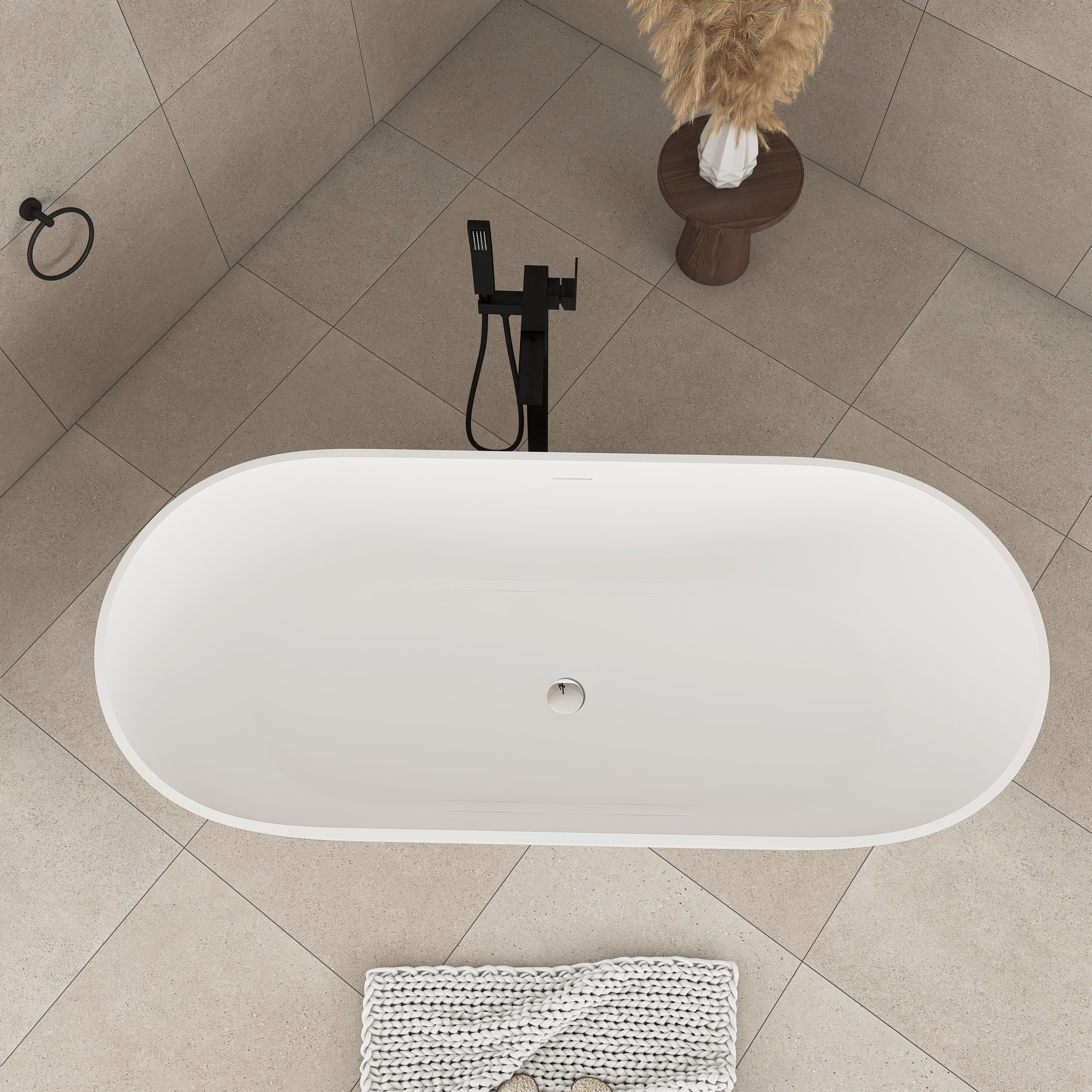 Solid Surface Freestanding Flatbottom Soaking Bathtub in White
