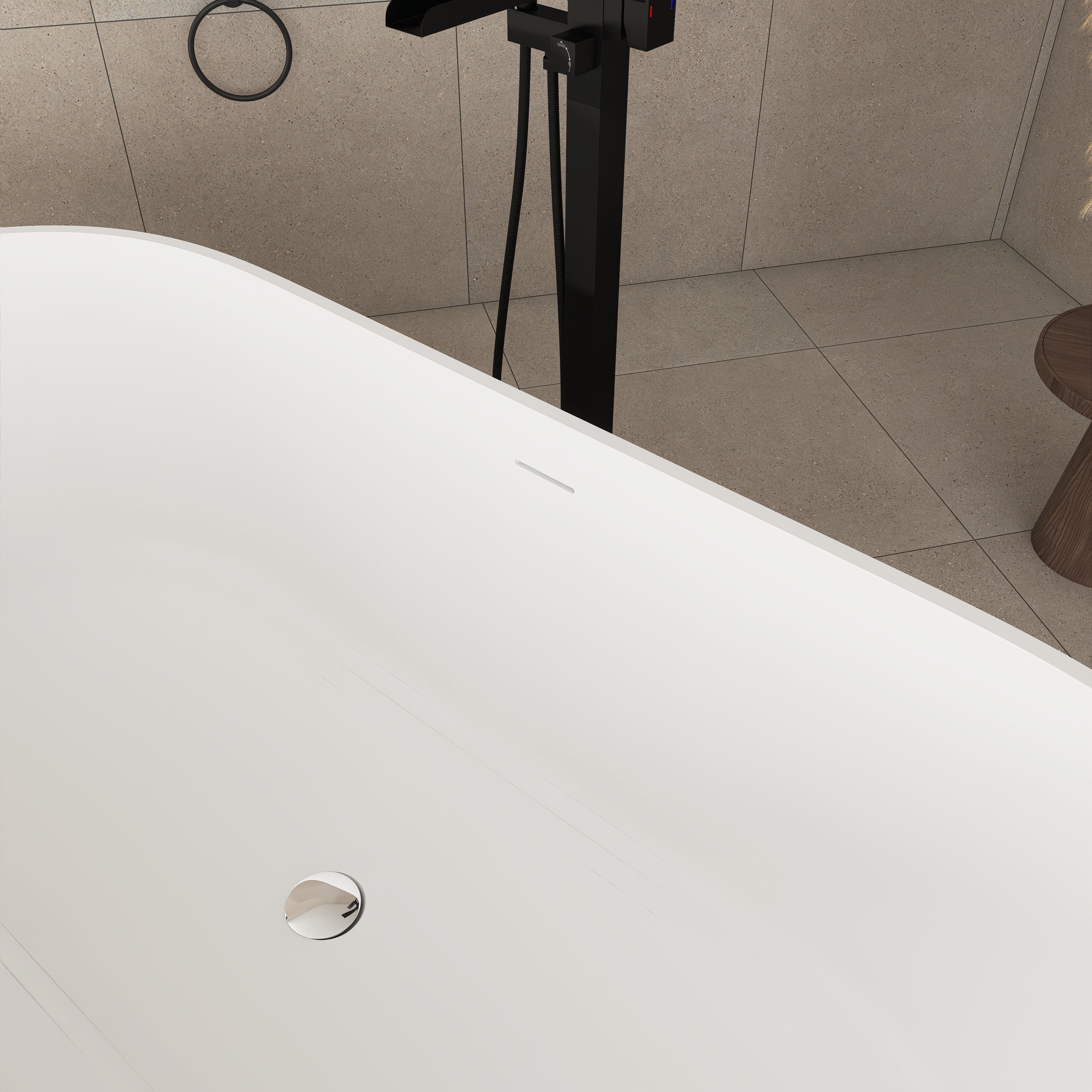 Solid Surface Freestanding Flatbottom Soaking Bathtub in White