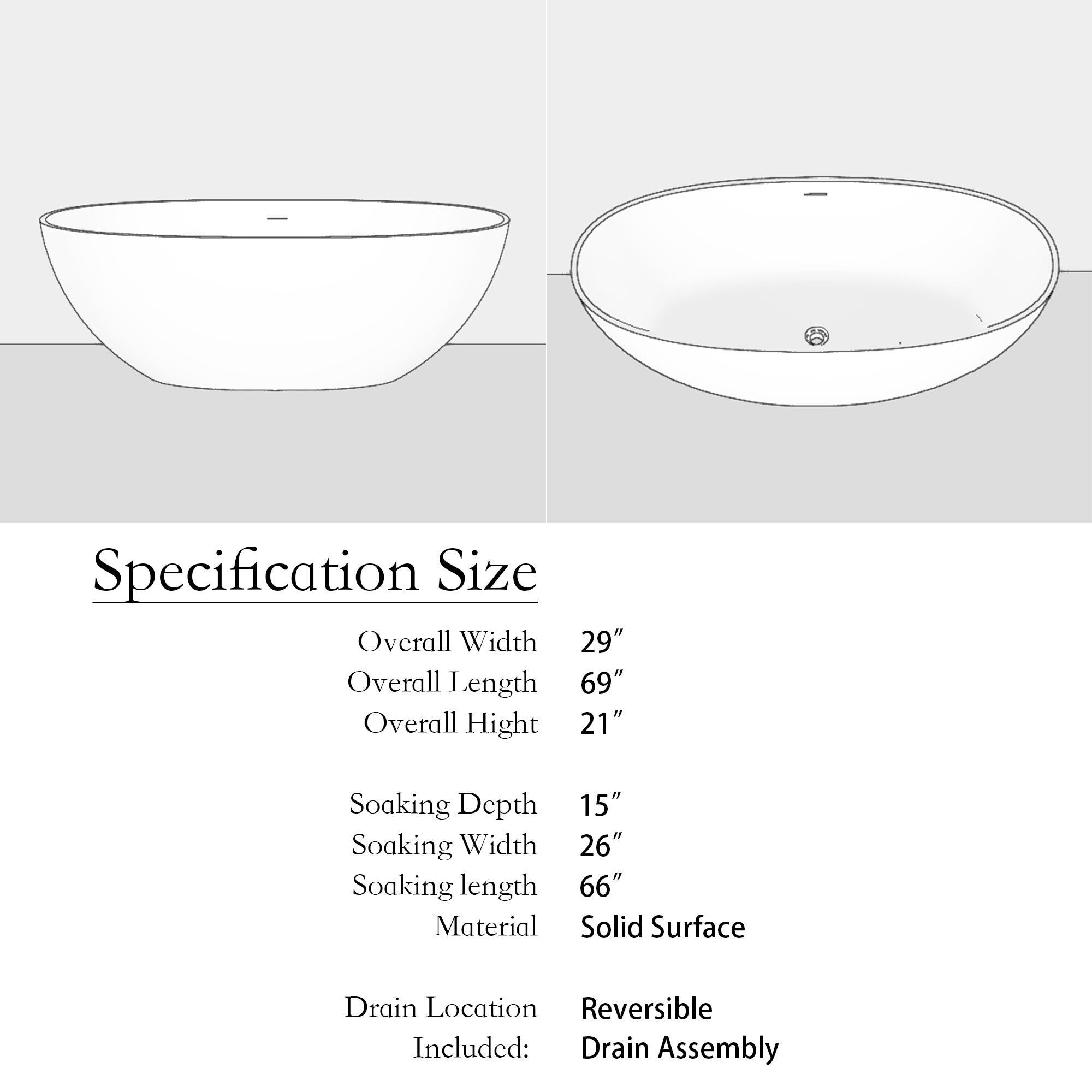 Solid Surface Freestanding Flatbottom Soaking Bathtub in White