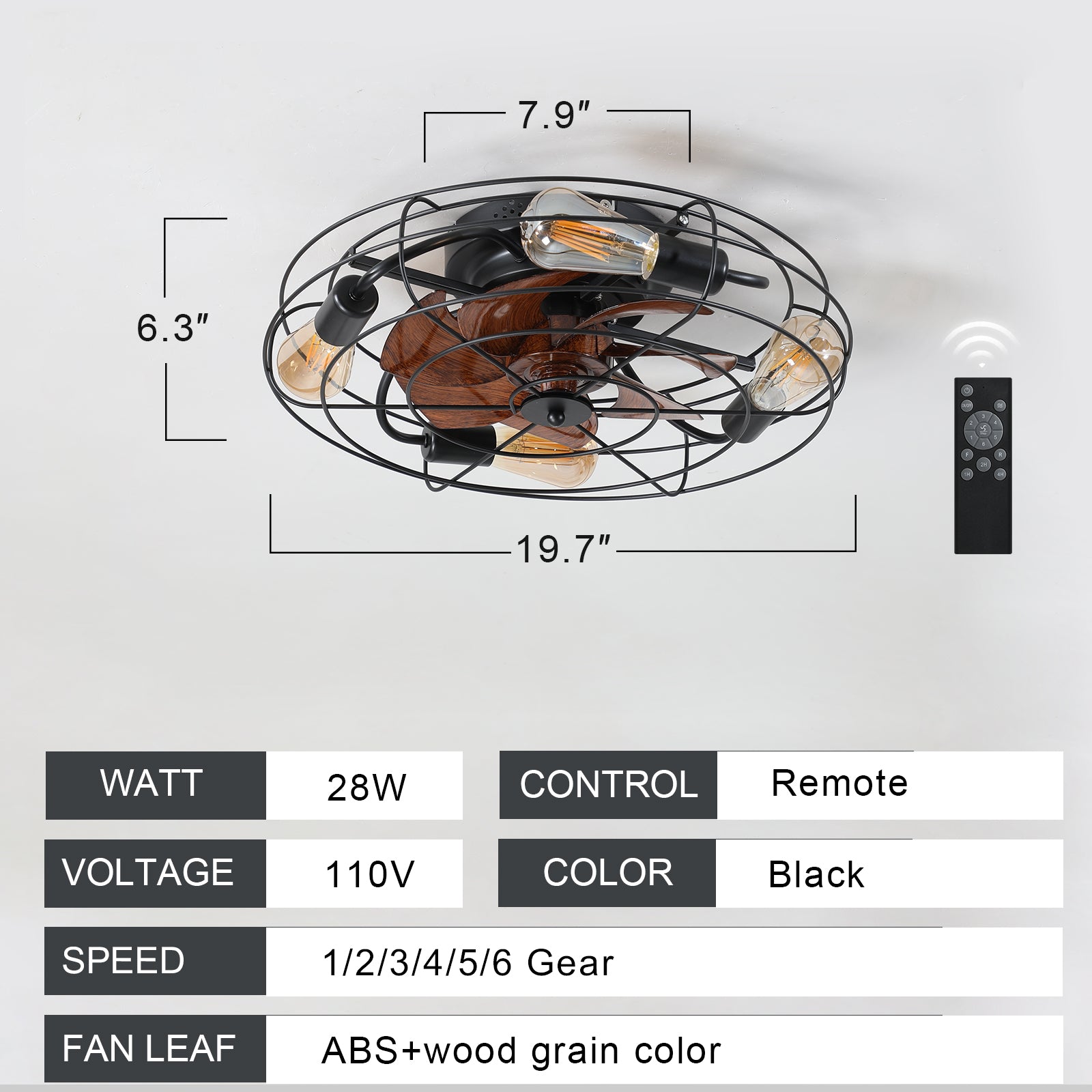 20 in. W x 6 in. H Iron Ceiling Fan in Black with LED Lights