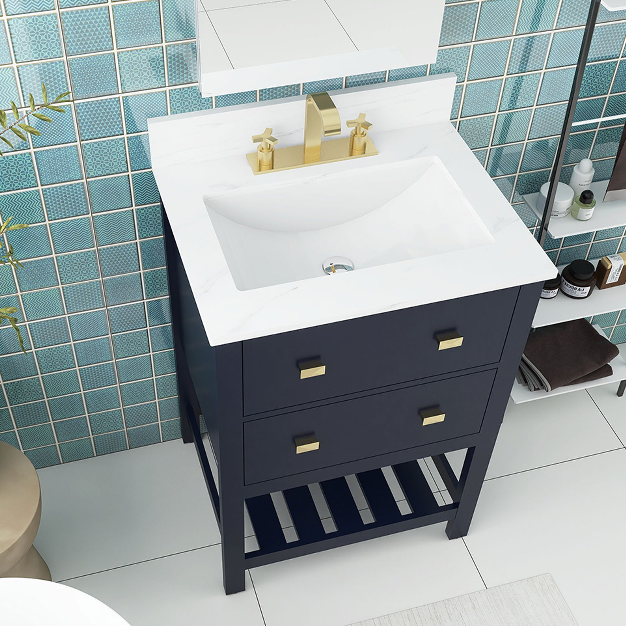 24/30 inch Plywood Freestanding Bathroom Vanity Set with Open Shelf and Ceramic Sink