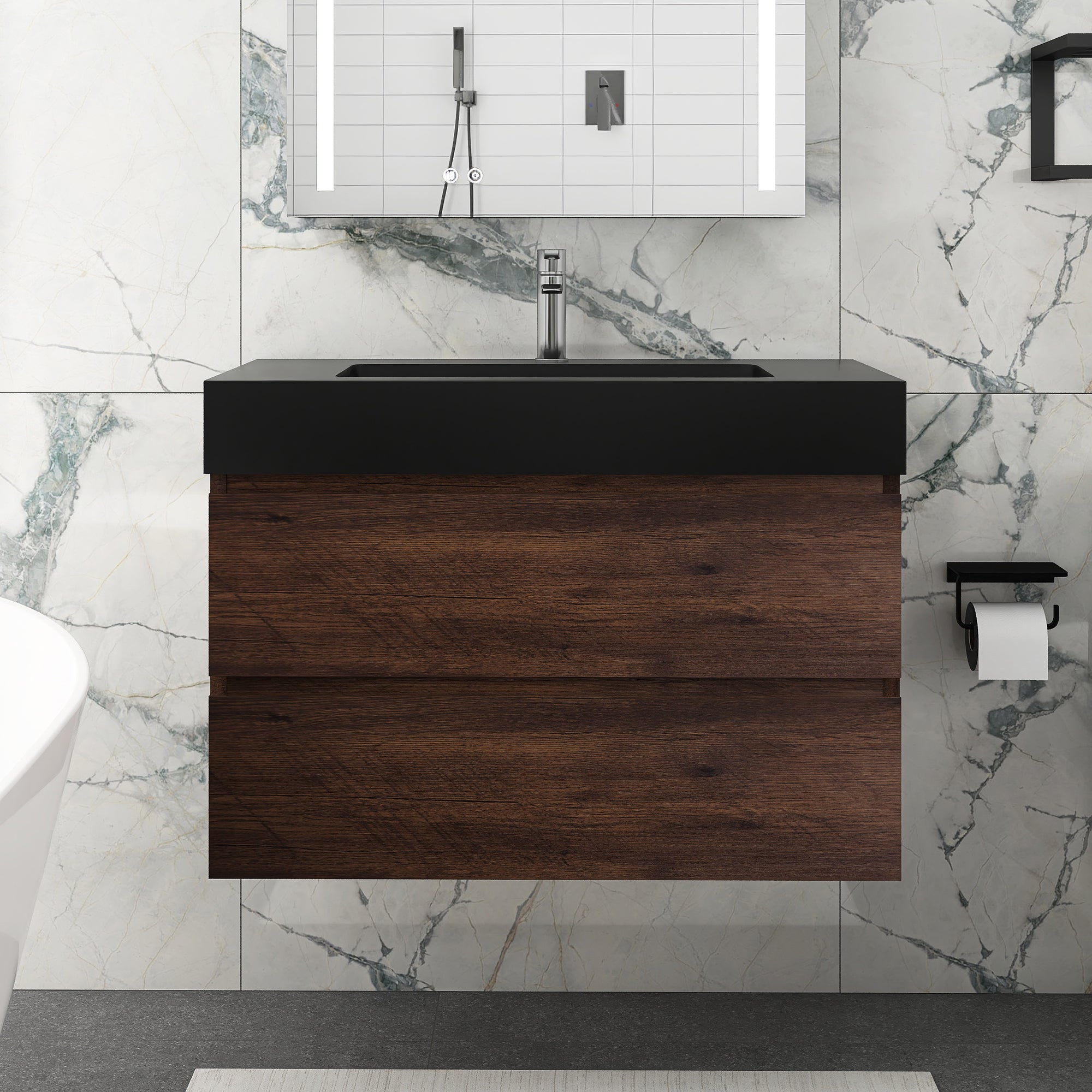 Staykiwi Wall-Mounted Bathroom Vanity Set with Black Integrated Solid Surface Sink