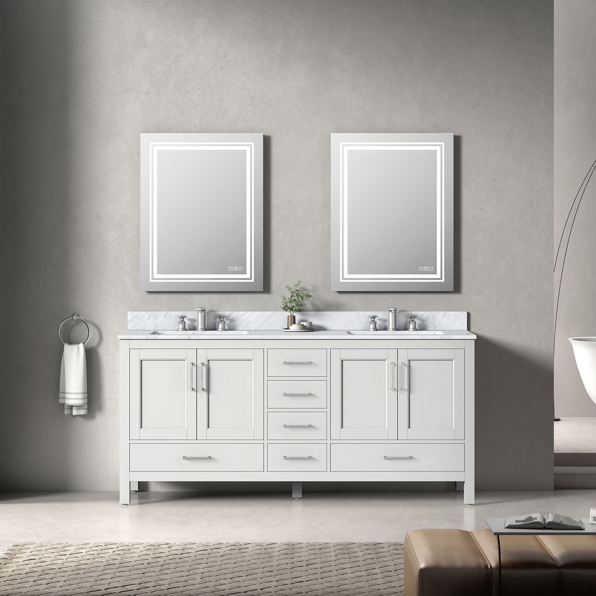 36" Plywood Freestanding Bathroom Vanity Set with Drawer and Doors and Natural Marble Top and Ceramic Sink