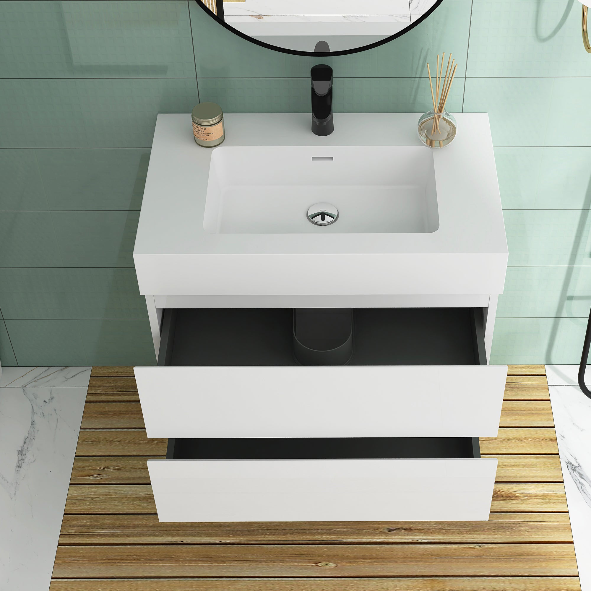 Wood Wall-Mounted Bathroom Vanity Set with Integrated Solid Surface Sink