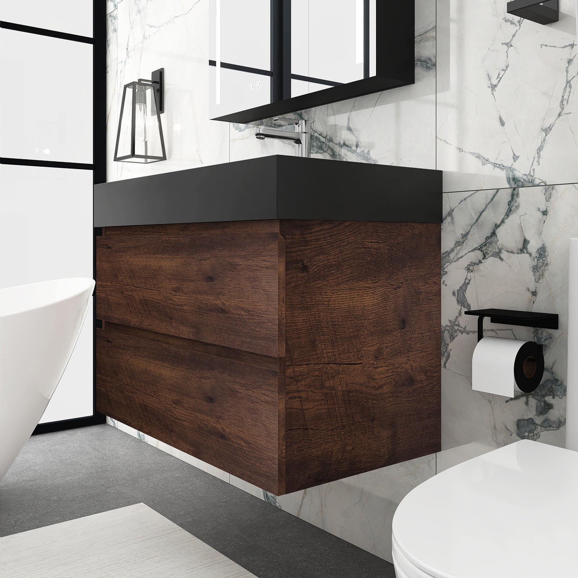 Staykiwi Wall-Mounted Bathroom Vanity Set with Black Integrated Solid Surface Sink