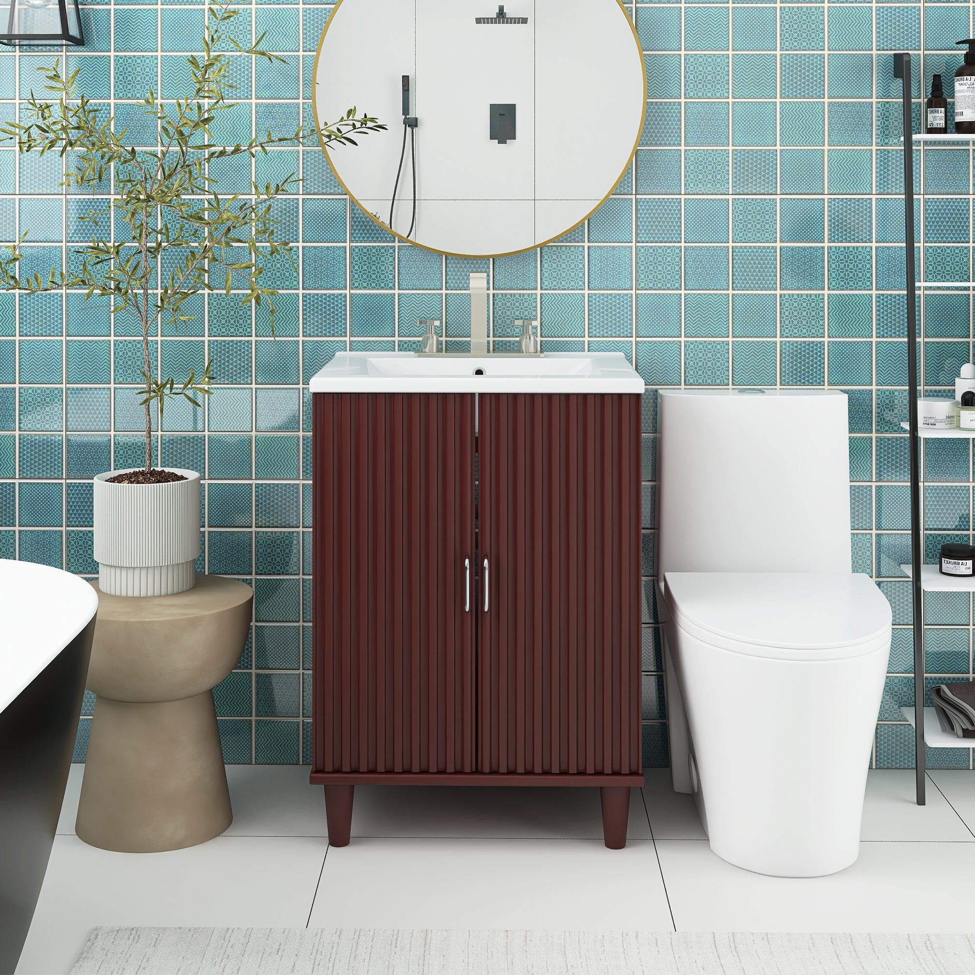24" Freestanding Solid Wood and MDF Bathroom Vanity Set with Two Doors and Adjustable Shelves