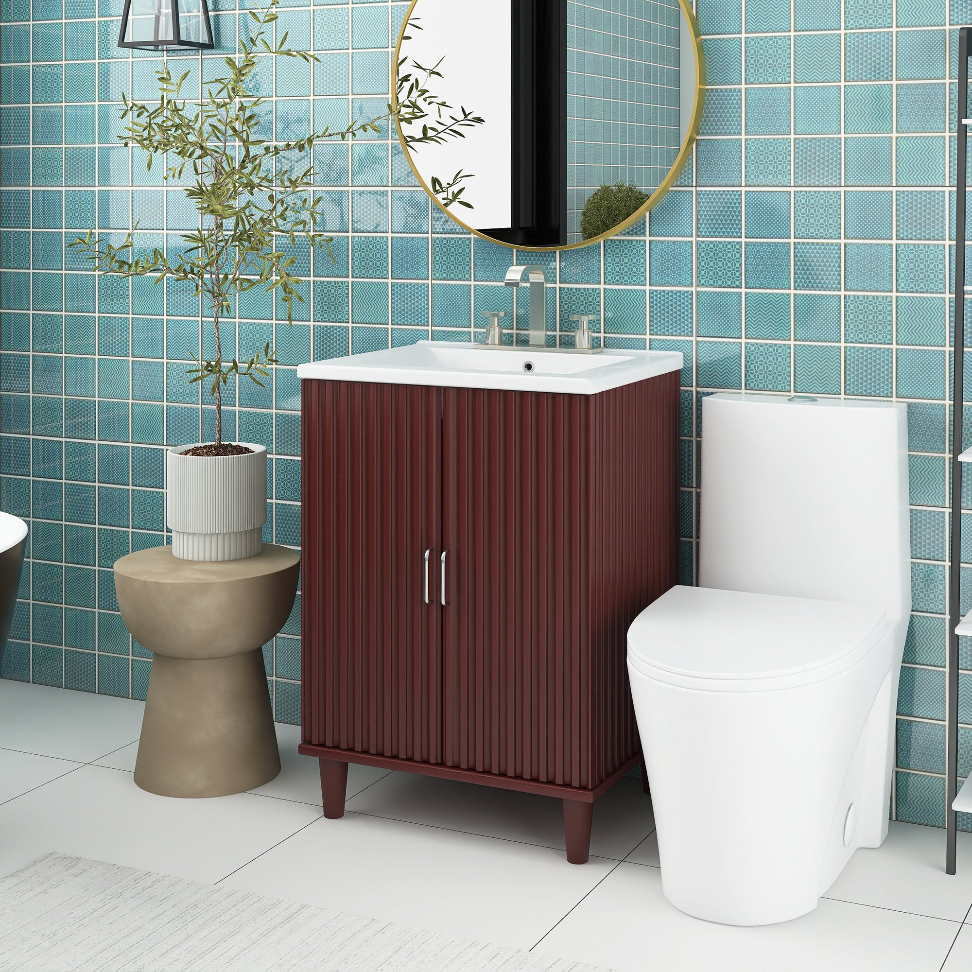24" Freestanding Solid Wood and MDF Bathroom Vanity Set with Two Doors and Adjustable Shelves