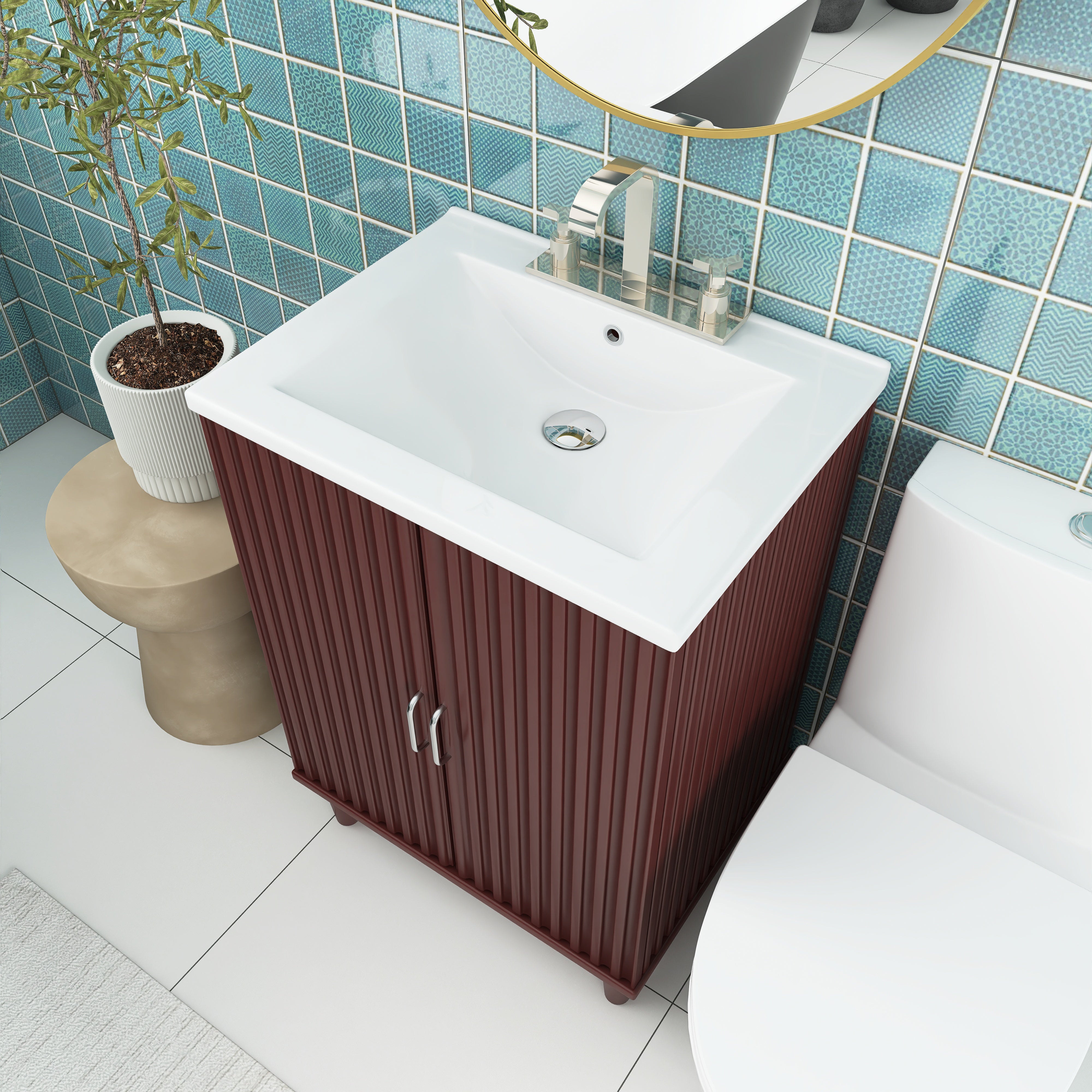 24" Freestanding Solid Wood and MDF Bathroom Vanity Set with Two Doors and Adjustable Shelves