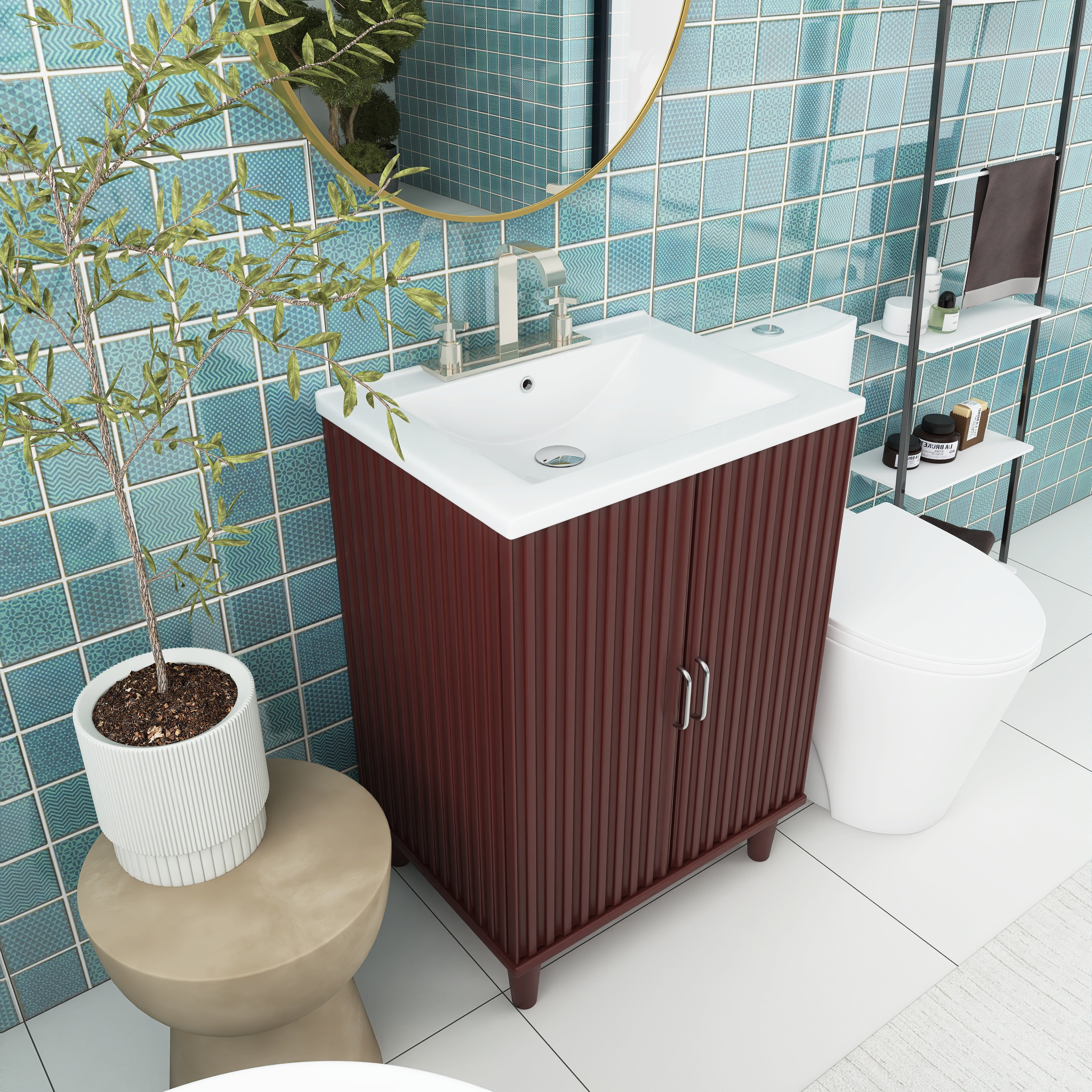 24" Freestanding Solid Wood and MDF Bathroom Vanity Set with Two Doors and Adjustable Shelves