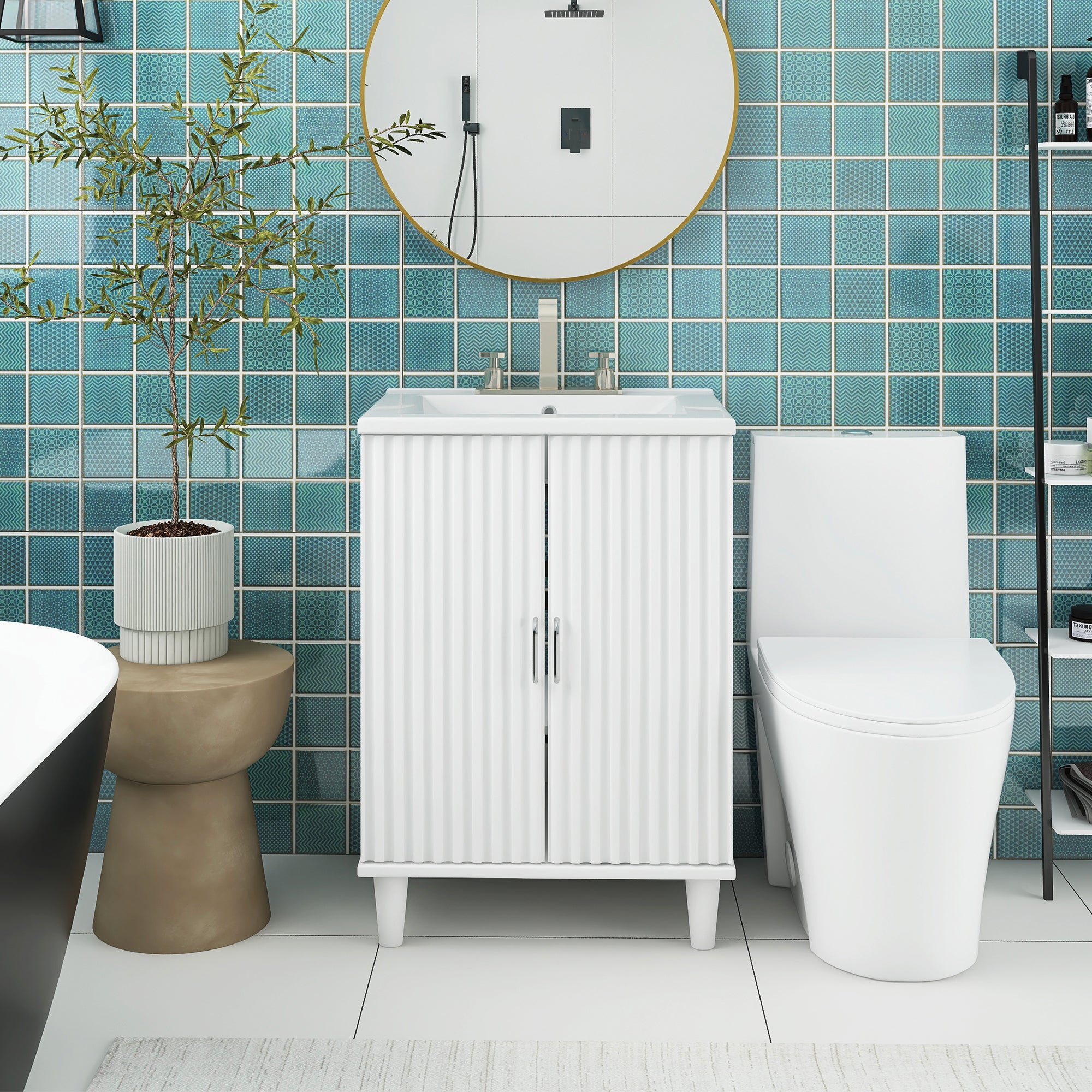 24" Freestanding Solid Wood and MDF Bathroom Vanity Set with Two Doors and Adjustable Shelves