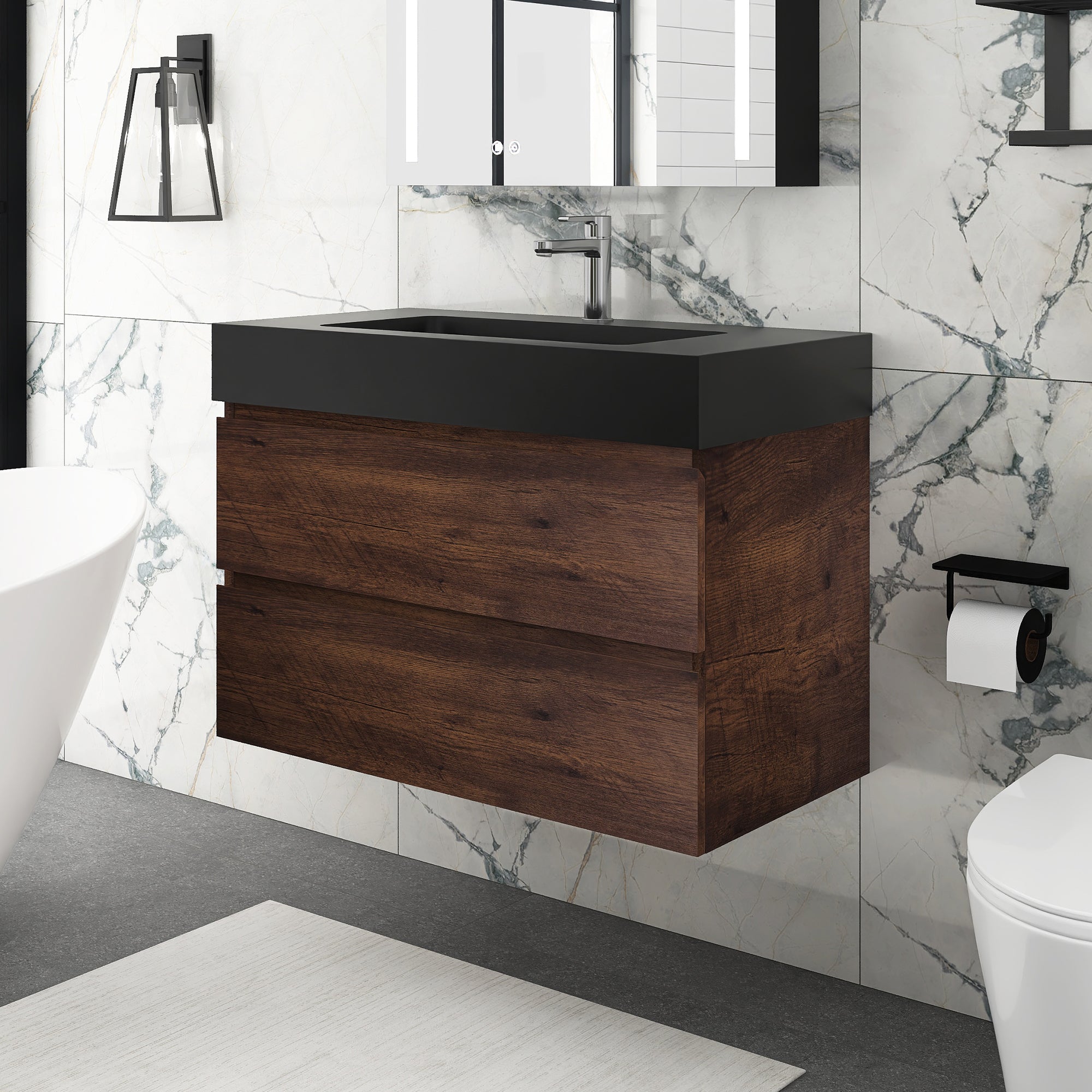 Staykiwi Wall-Mounted Bathroom Vanity Set with Black Integrated Solid Surface Sink