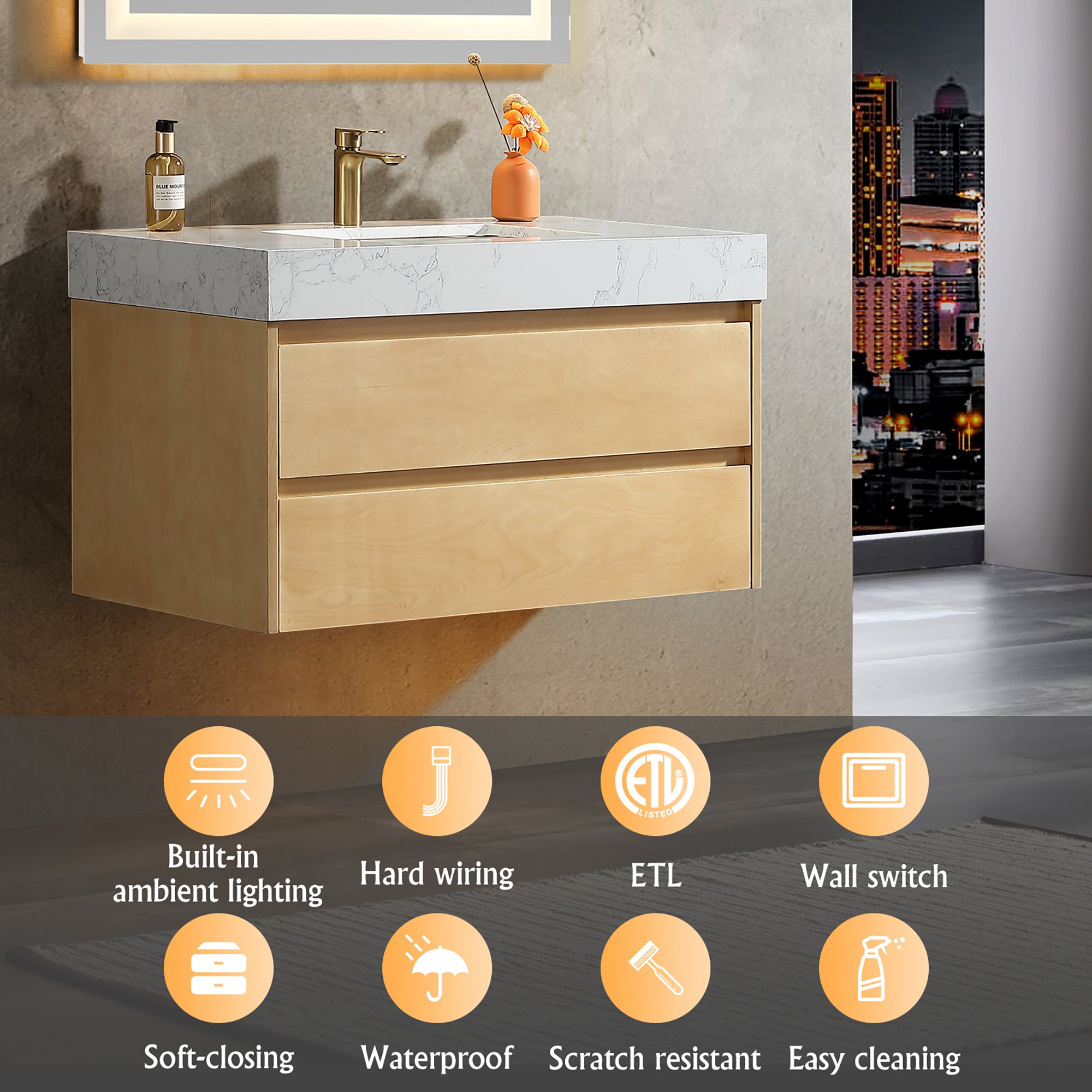 36 Inch Solid Wood Wall-Mounted Bathroom Vanity Set in Maple with Engineered Stone and Ceramic Sink