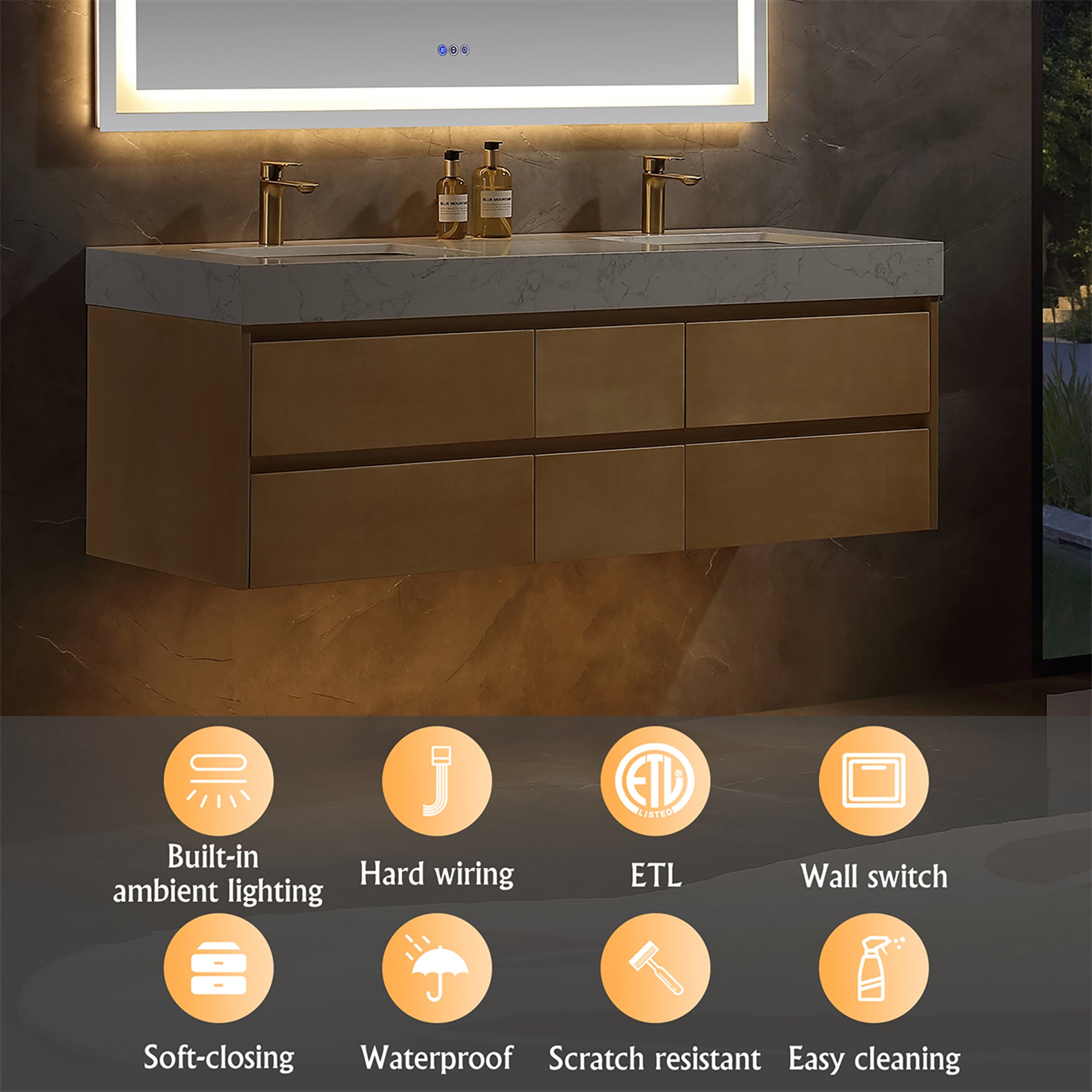 36 Inch Solid Wood Wall-Mounted Bathroom Vanity Set in Maple with Engineered Stone and Ceramic Sink