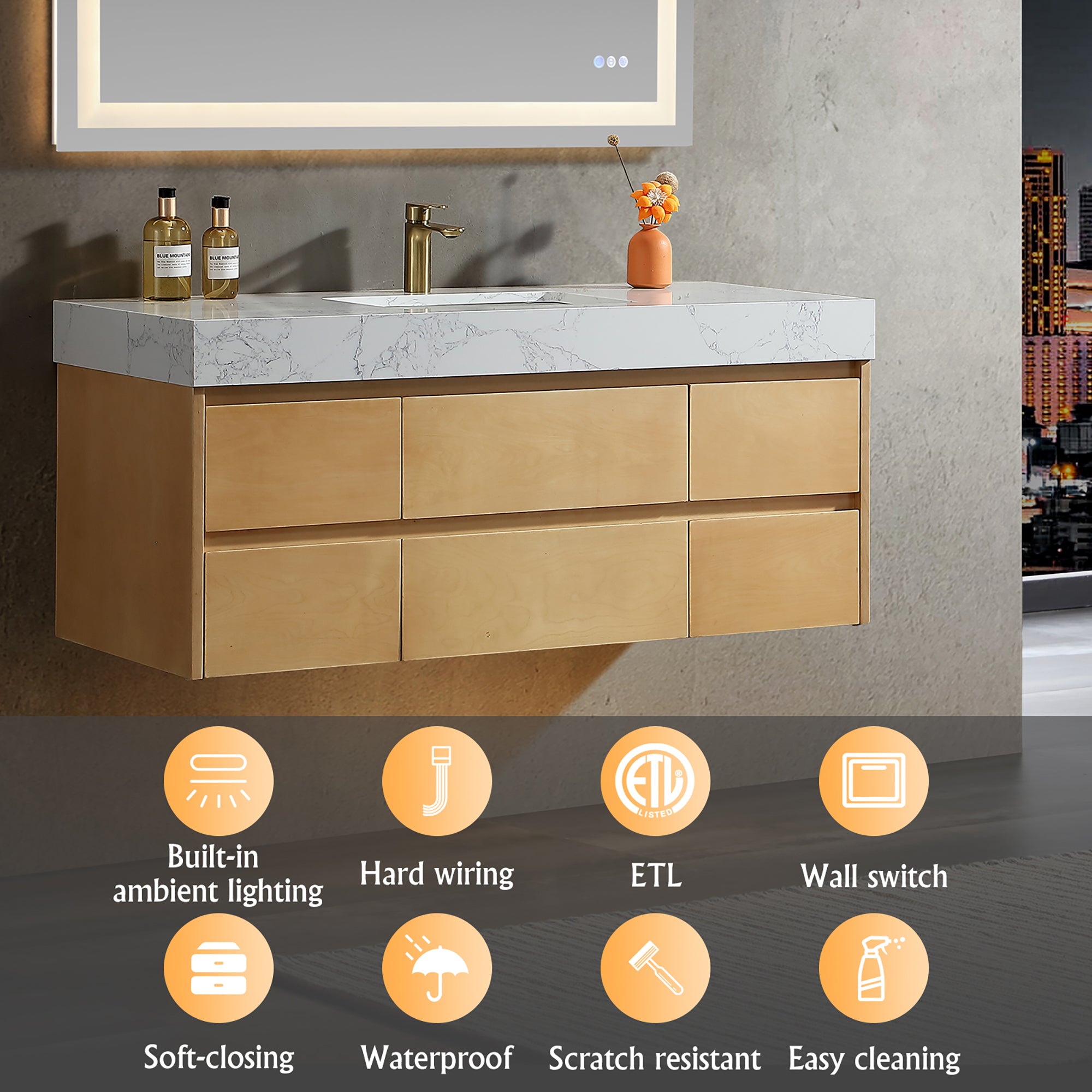 36 Inch Solid Wood Wall-Mounted Bathroom Vanity Set in Maple with Engineered Stone and Ceramic Sink