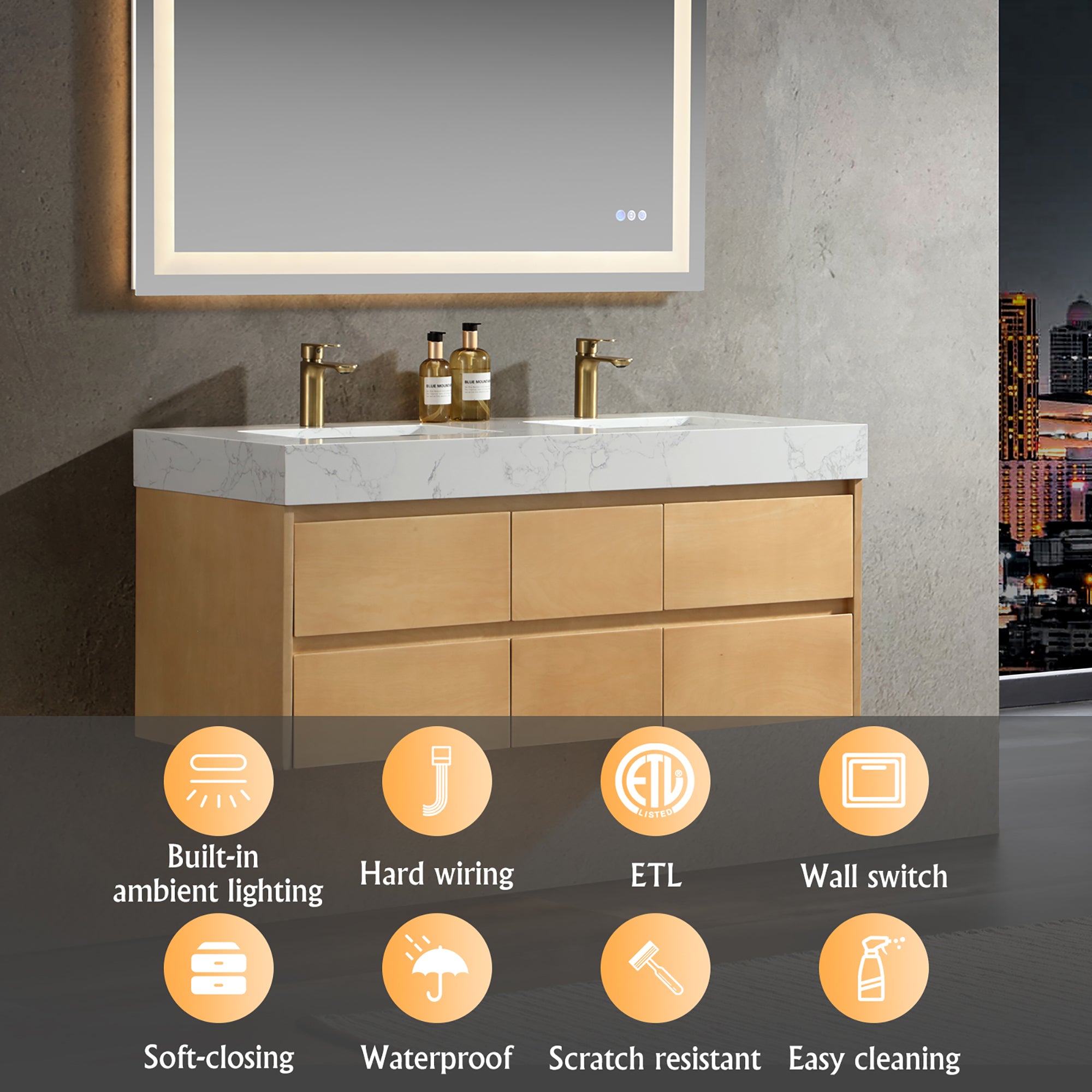 36 Inch Solid Wood Wall-Mounted Bathroom Vanity Set in Maple with Engineered Stone and Ceramic Sink