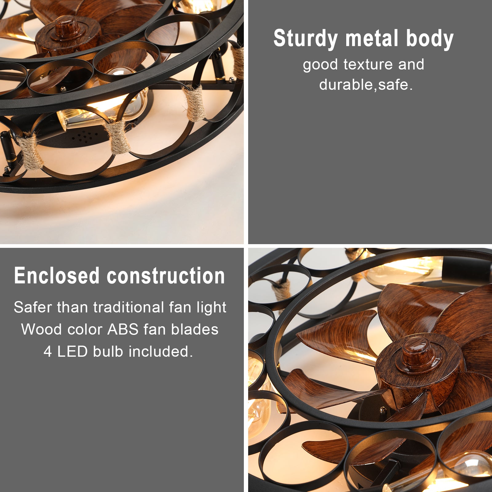 20 in. W x 6 in. H Iron Ceiling Fan in Black with LED Lights
