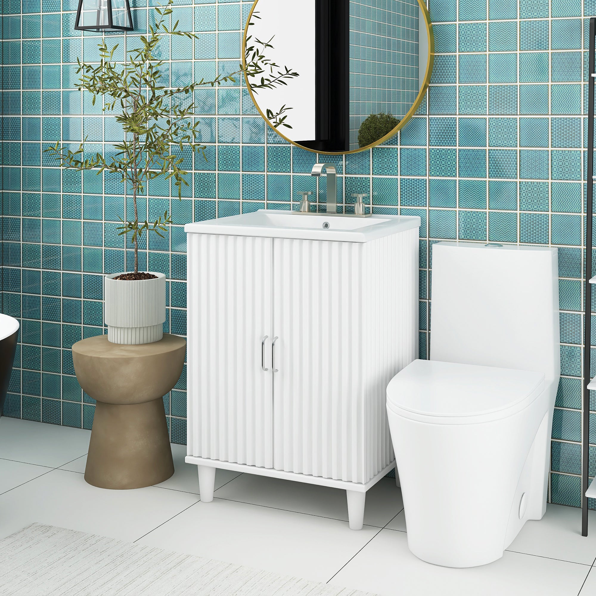 24" Freestanding Solid Wood and MDF Bathroom Vanity Set with Two Doors and Adjustable Shelves