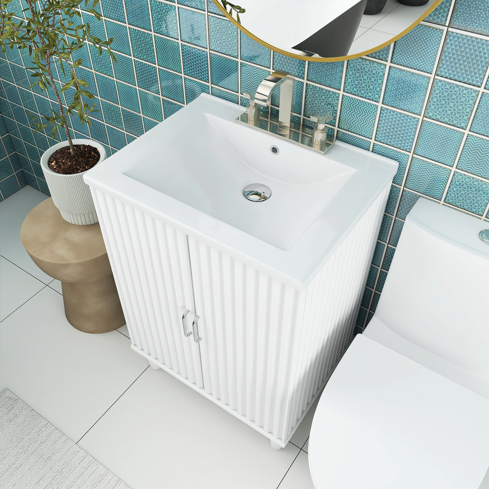24" Freestanding Solid Wood and MDF Bathroom Vanity Set with Two Doors and Adjustable Shelves