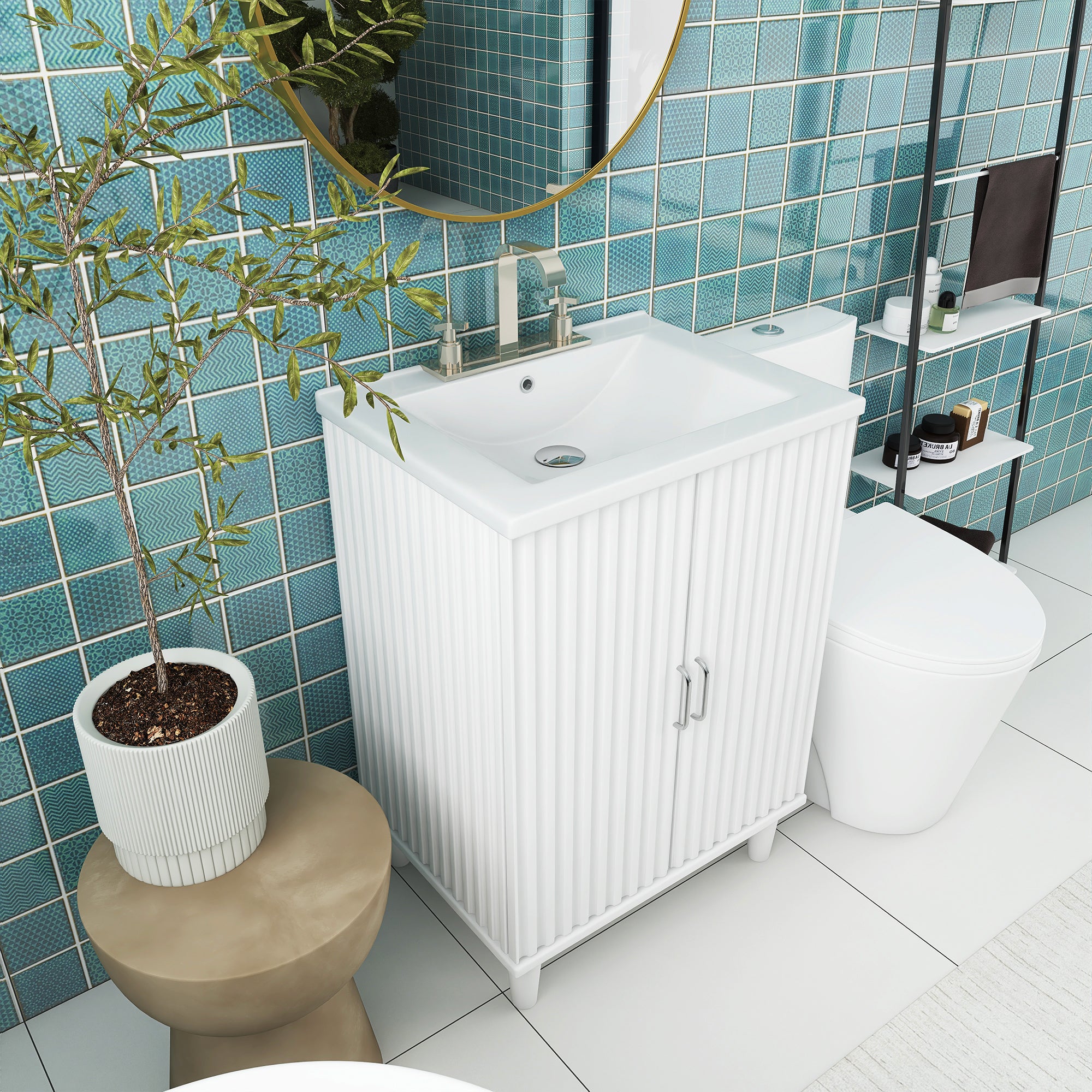 24" Freestanding Solid Wood and MDF Bathroom Vanity Set with Two Doors and Adjustable Shelves