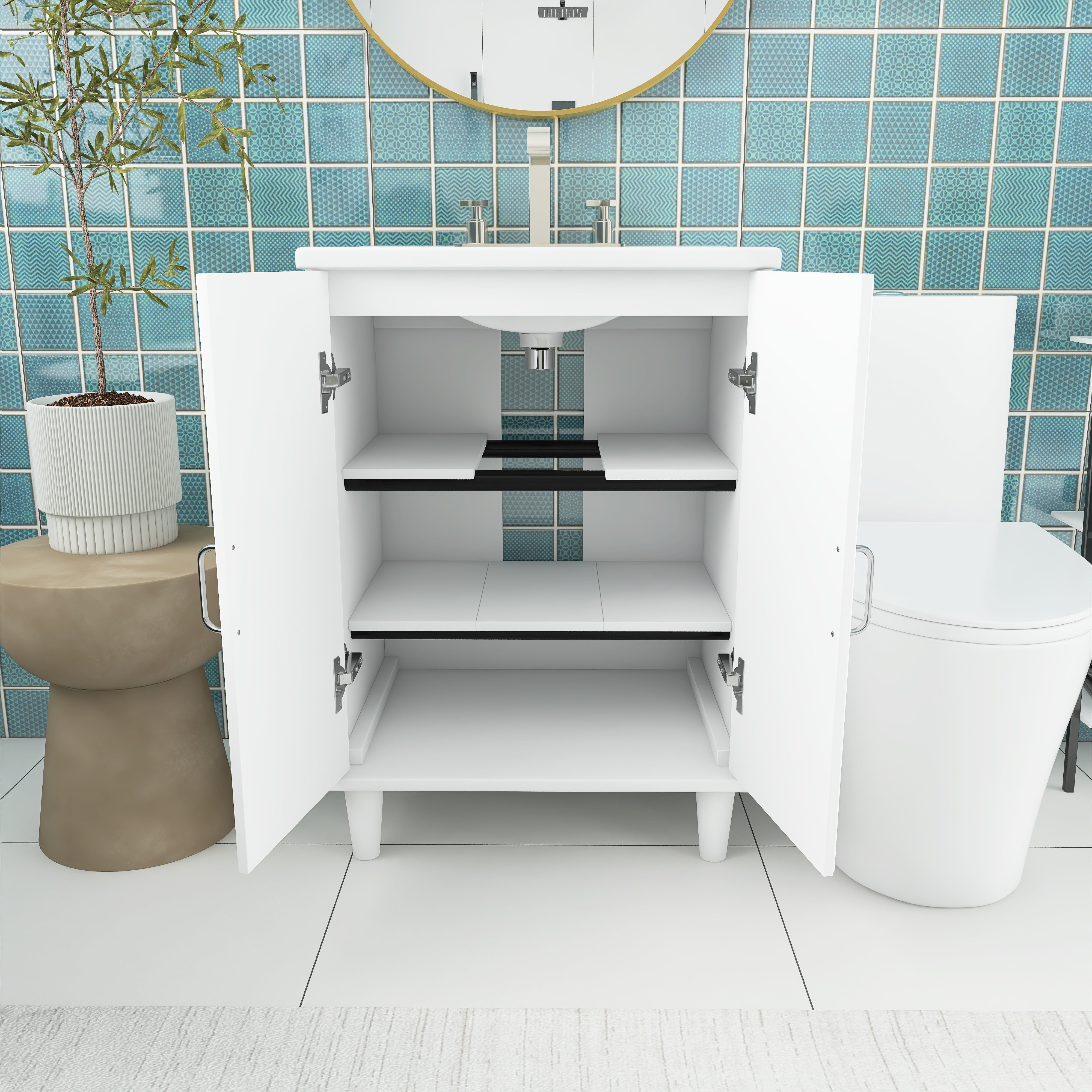 24" Freestanding Solid Wood and MDF Bathroom Vanity Set with Two Doors and Adjustable Shelves