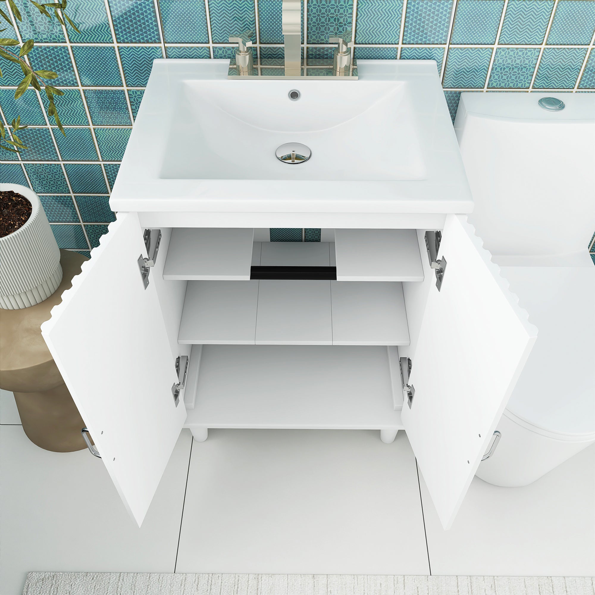 24" Freestanding Solid Wood and MDF Bathroom Vanity Set with Two Doors and Adjustable Shelves