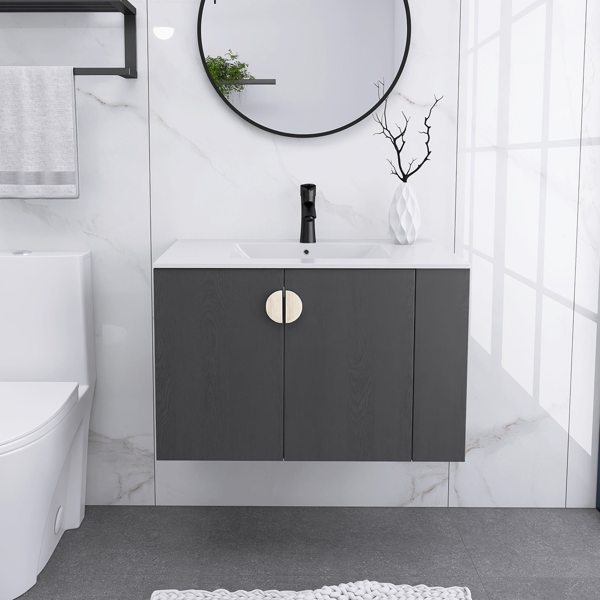 30 Inches Plywood Wall-Mounted Bathroom Vanity Set with Integrated Ceramic Sink