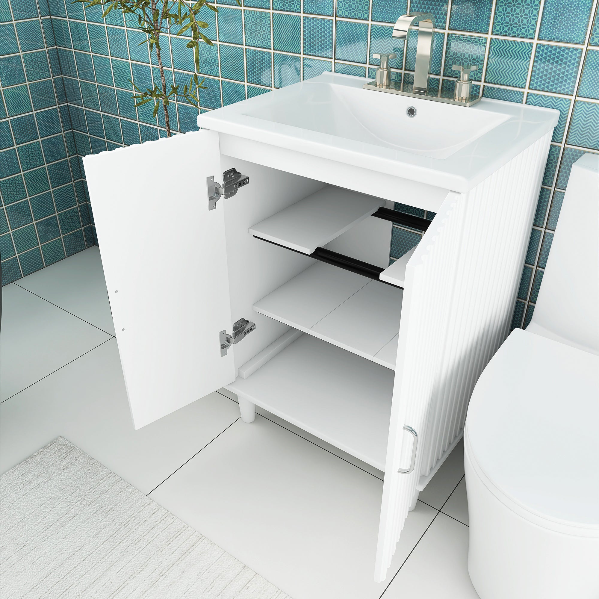 24" Freestanding Solid Wood and MDF Bathroom Vanity Set with Two Doors and Adjustable Shelves