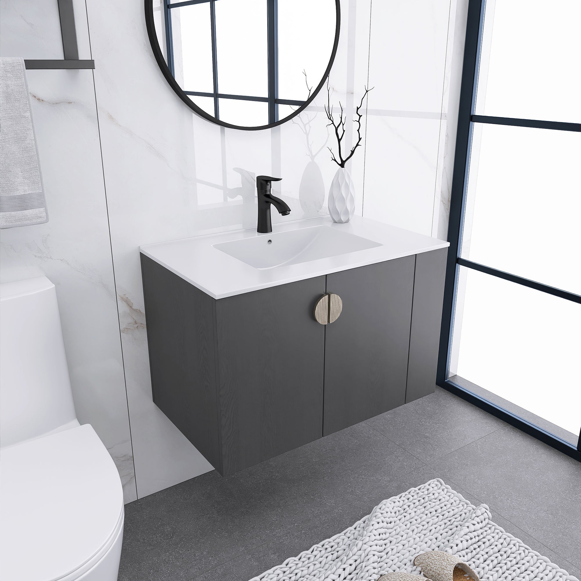 30 Inches Plywood Wall-Mounted Bathroom Vanity Set with Integrated Ceramic Sink