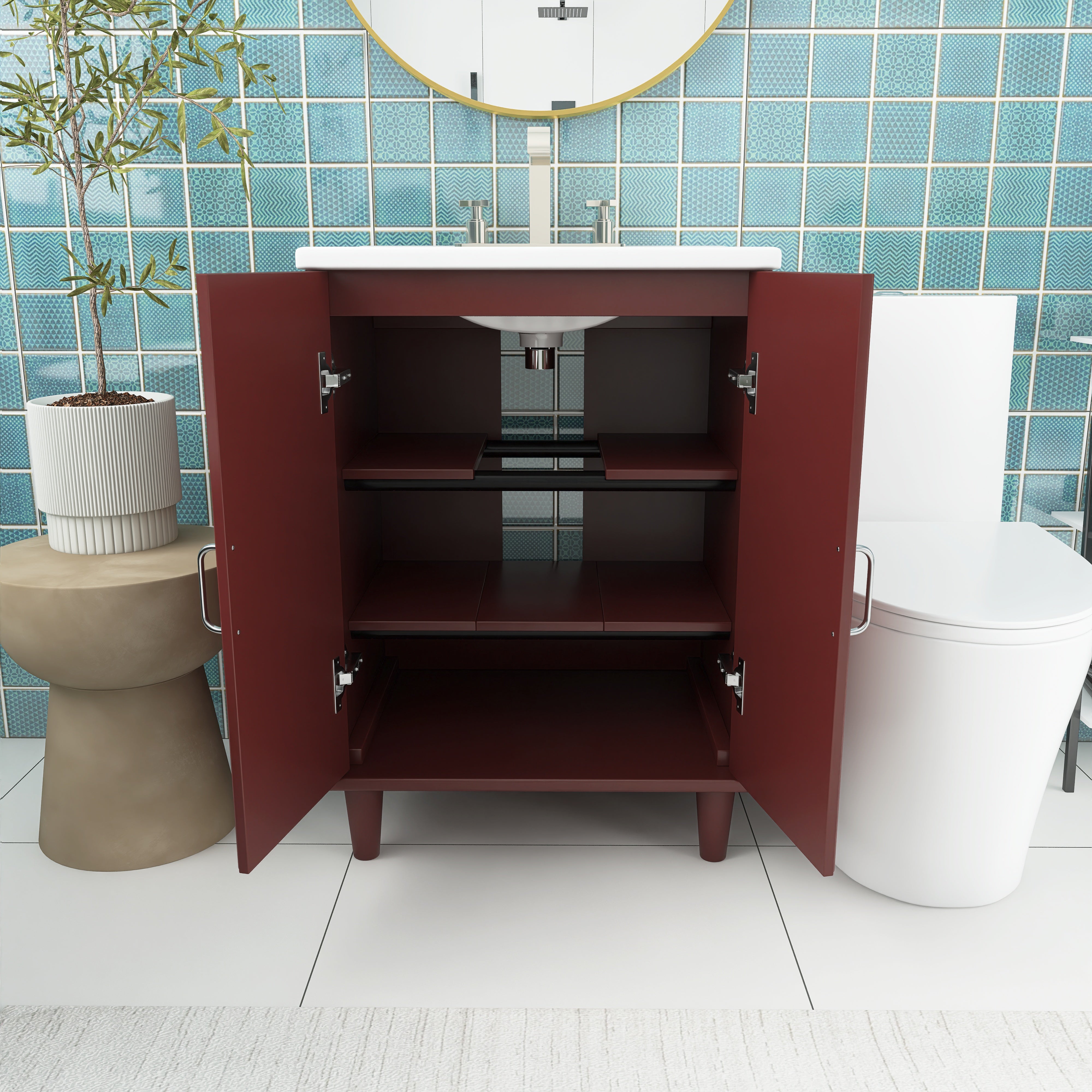 24" Freestanding Solid Wood and MDF Bathroom Vanity Set with Two Doors and Adjustable Shelves