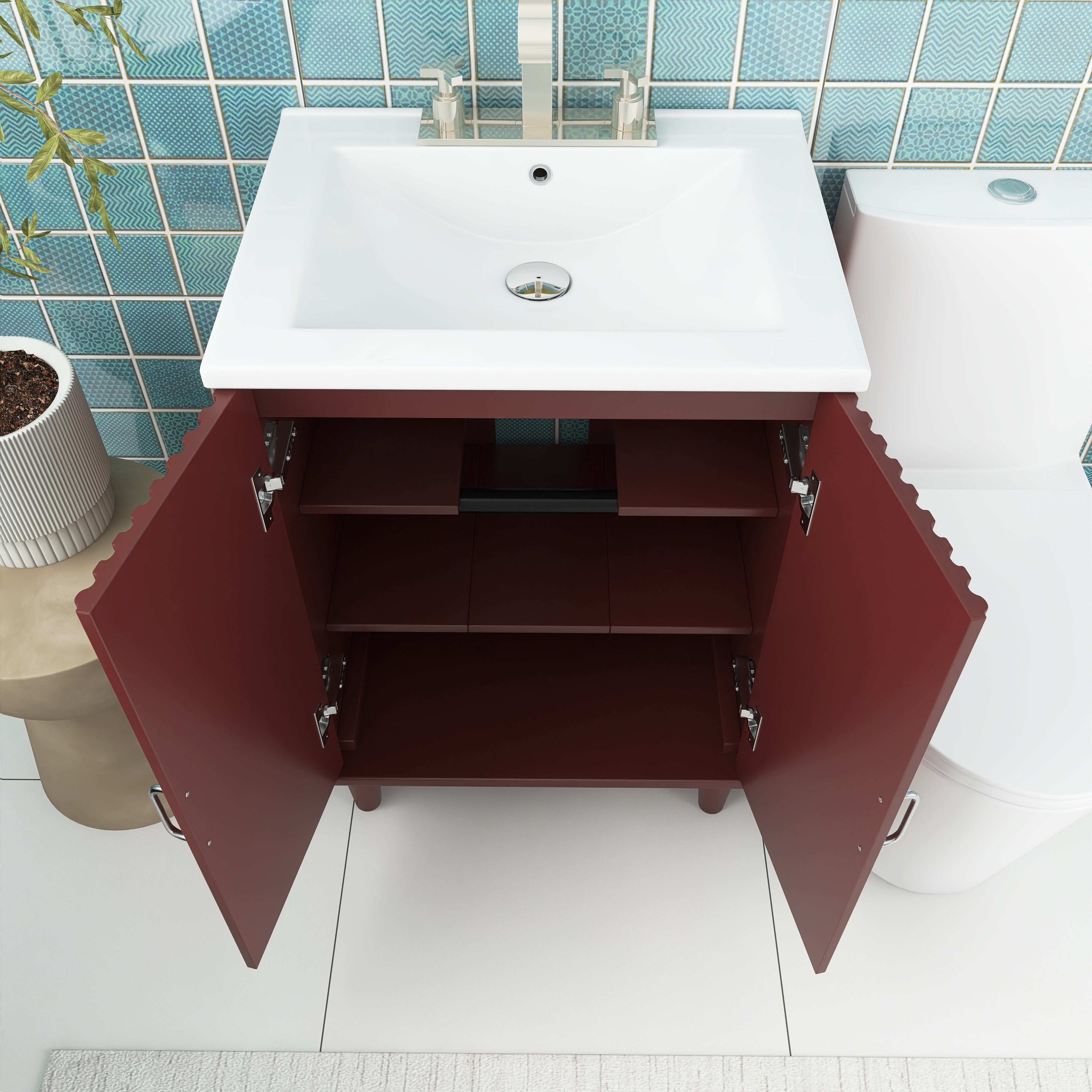 24" Freestanding Solid Wood and MDF Bathroom Vanity Set with Two Doors and Adjustable Shelves