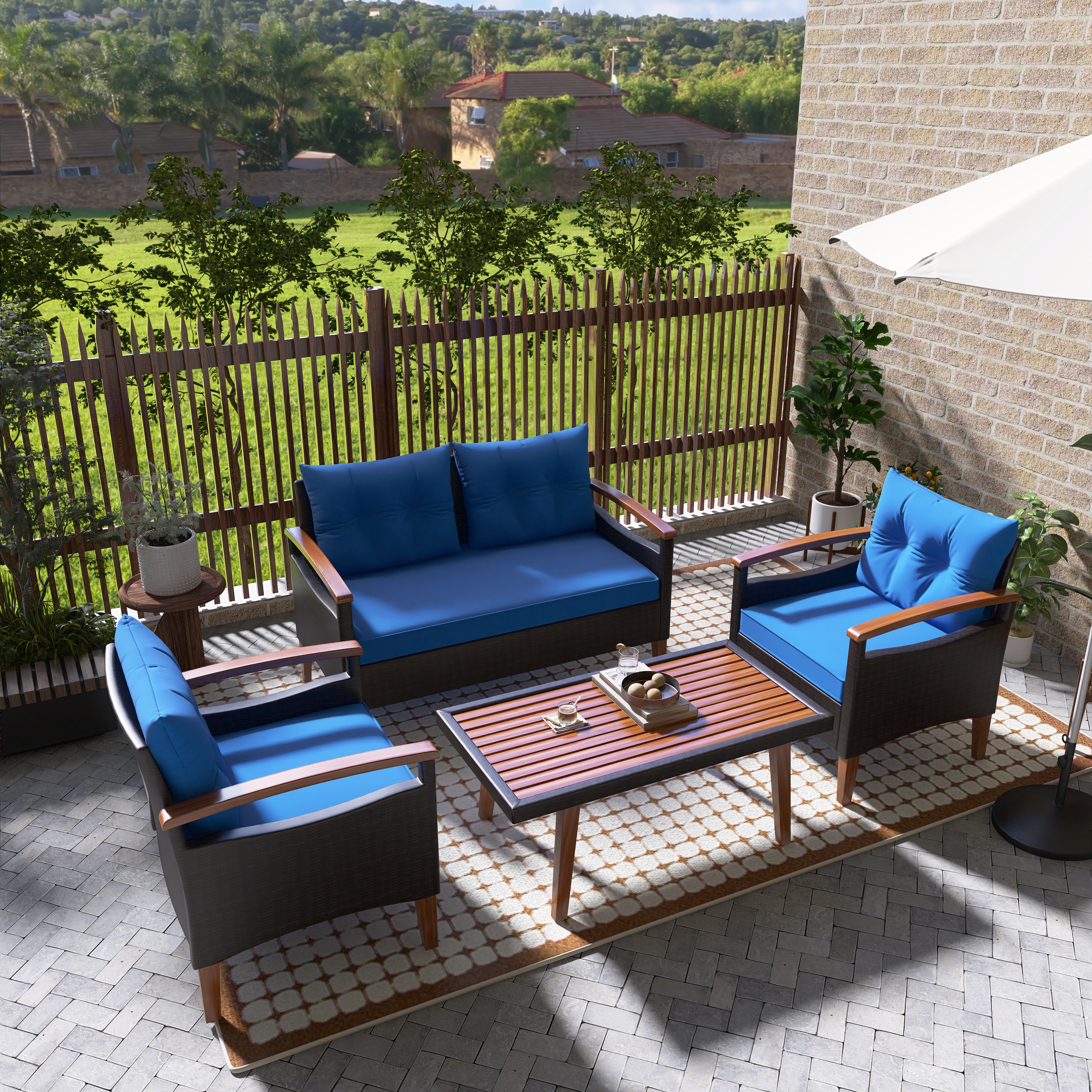 4-Piece PE Rattan Outdoor Sofa Set with Cushions, Wood Table and Legs BOGOPS13BL