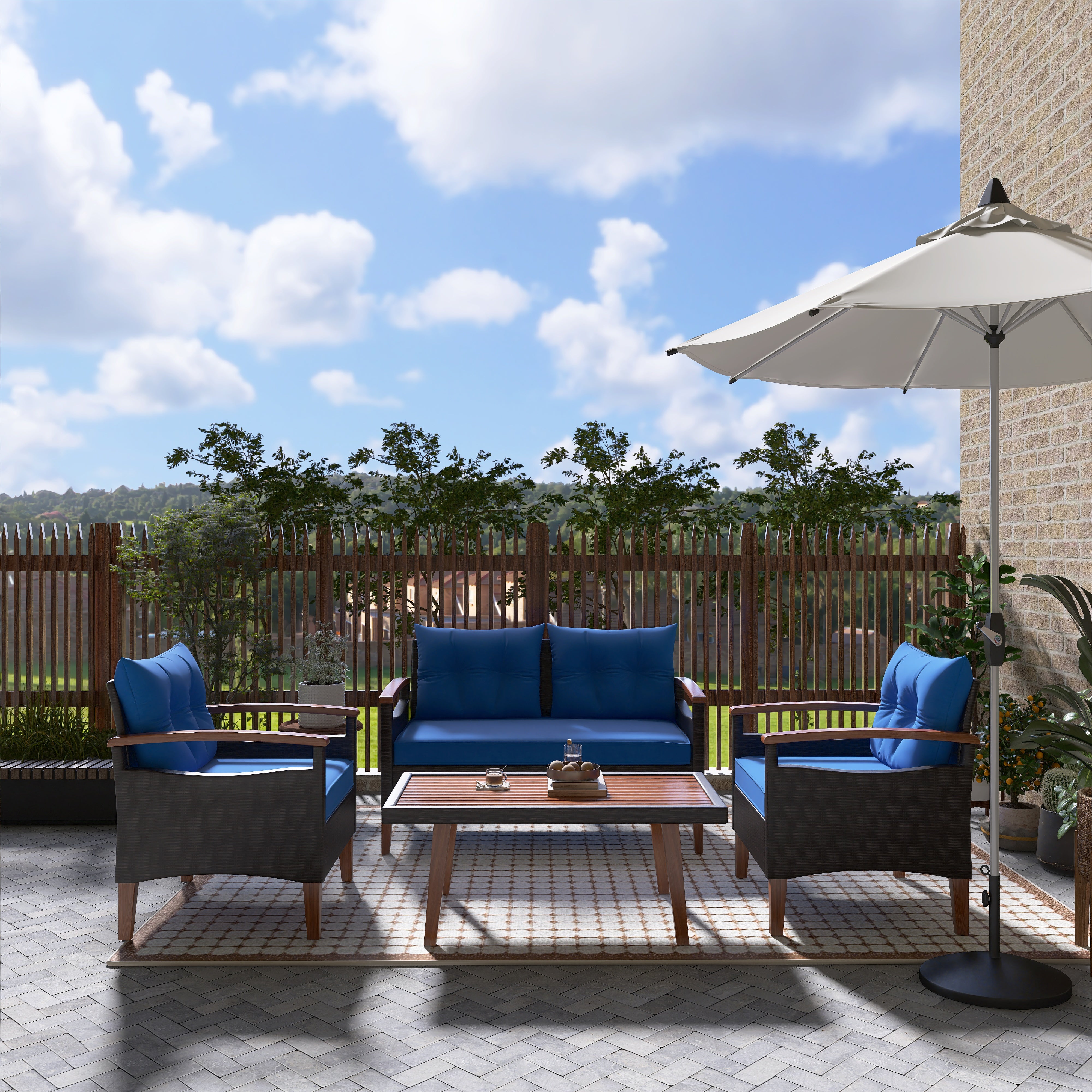 4-Piece PE Rattan Outdoor Sofa Set with Cushions, Wood Table and Legs BOGOPS13BL