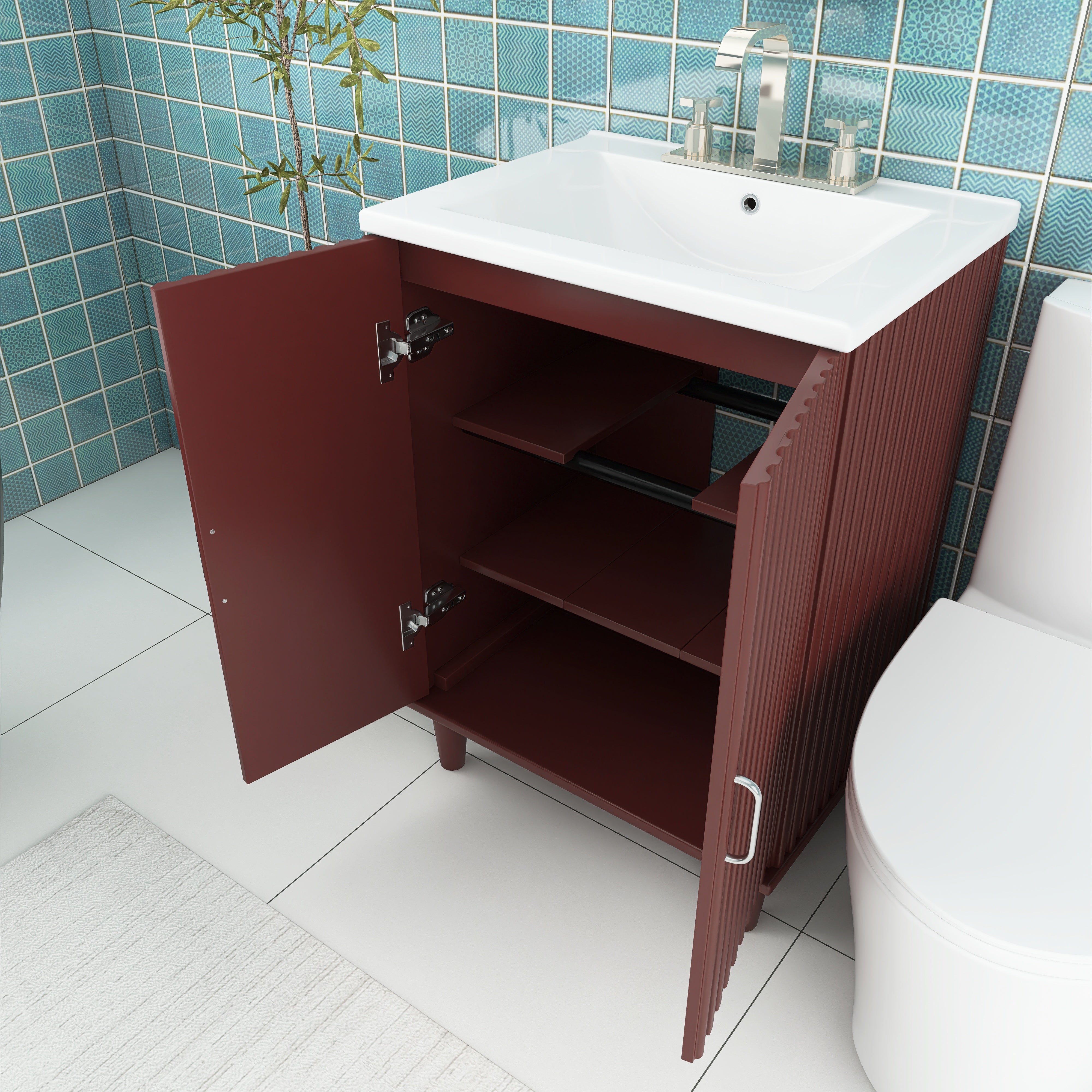 24" Freestanding Solid Wood and MDF Bathroom Vanity Set with Two Doors and Adjustable Shelves