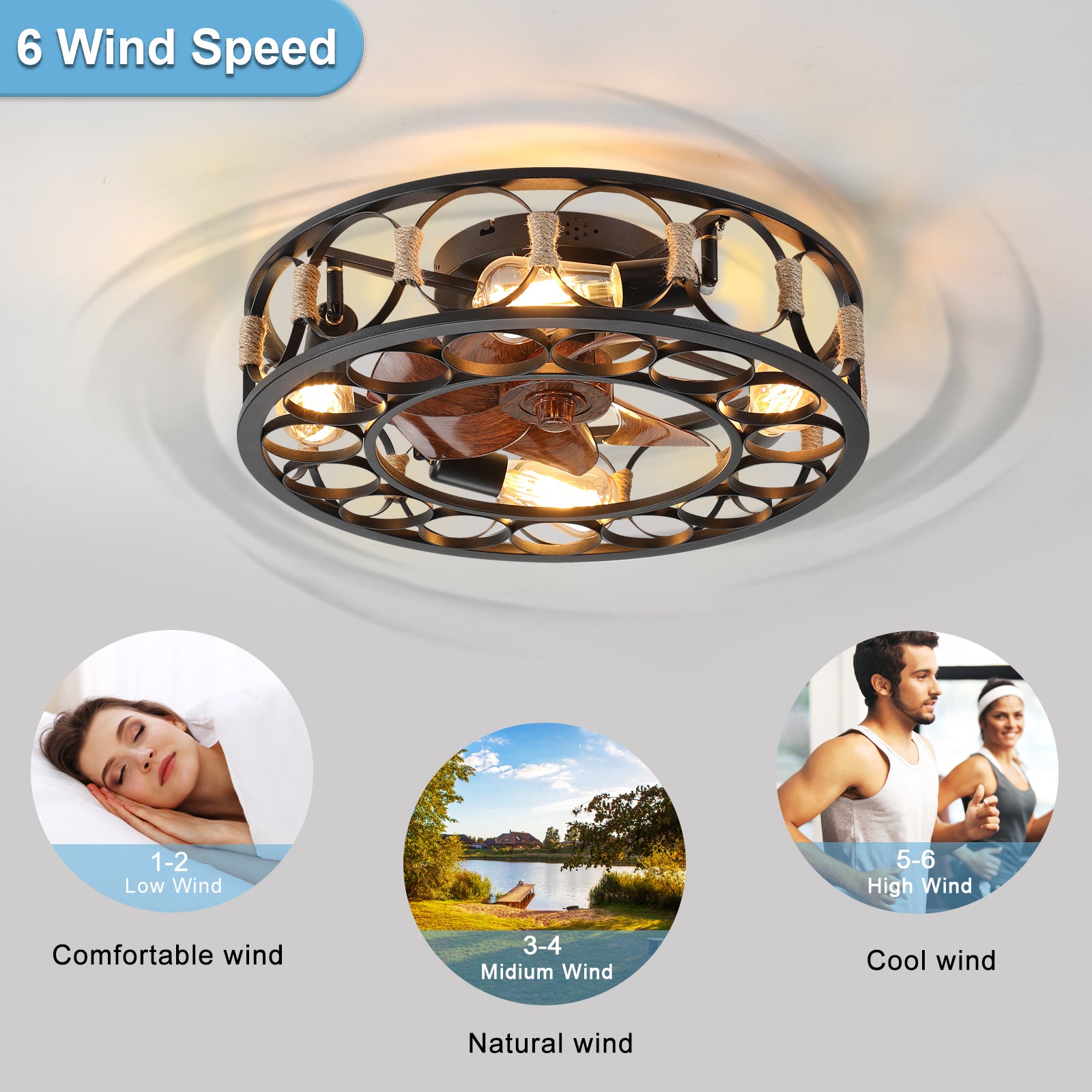 20 in. W x 6 in. H Iron Ceiling Fan in Black with LED Lights